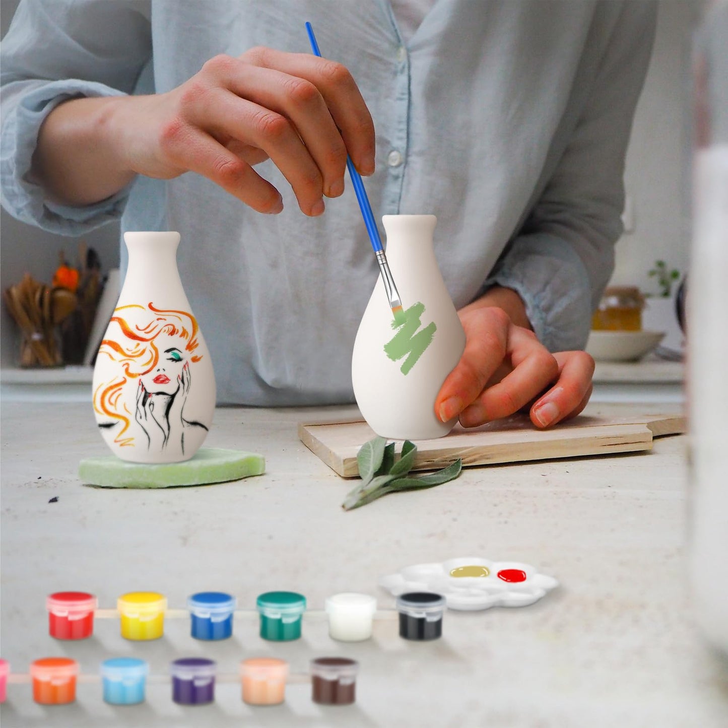 Singhoow 4 Set Father's Day Paint Your Own Porcelain Paint Vase Art Project White Ceramic Painting Kit for Adults Porcelain Vase Decorating Kit Holiday Supplies DIY(Stylish)