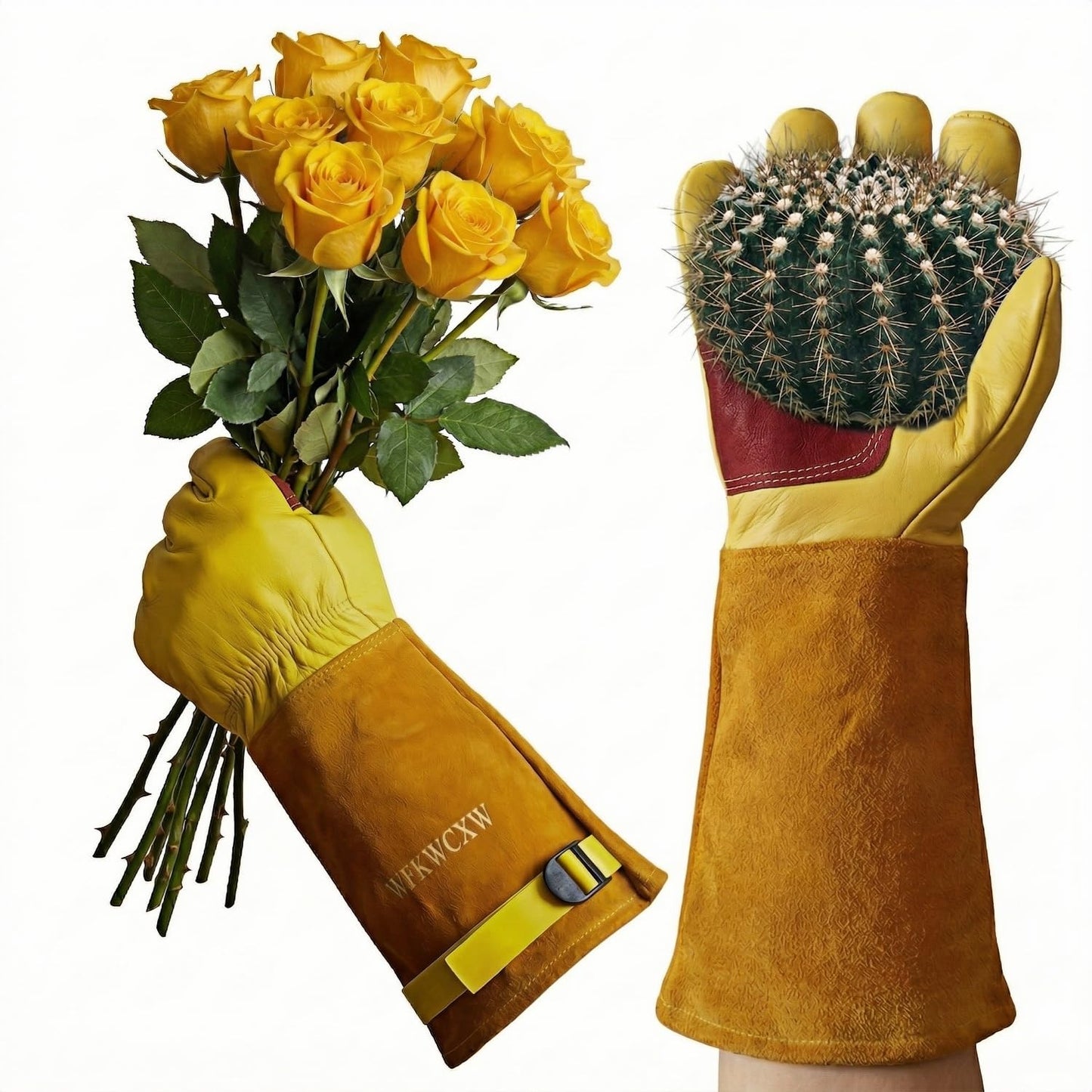 wfkwcxw Heavy Duty Cowhide Gardening Gloves-Thorn Proof & Adjustable-Perfect for Cactus,Roses,Weeding,Snake Handling&Poison Ivy Protection,Yellow, Small