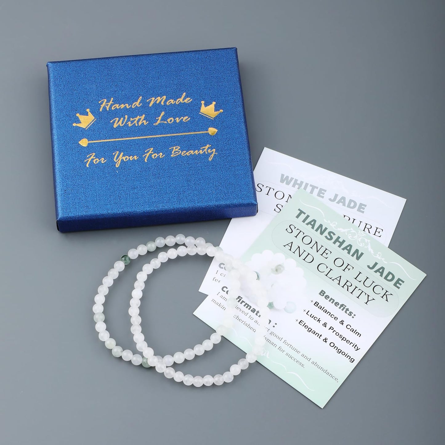NCB 2-Piece 4mm Natural Crystal Gemstone Stretch Bracelets – ﻿Tianshan Jade, White Jade Handmade Reiki Energy Healing Jewelry for Meditation,Yoga, Unisex