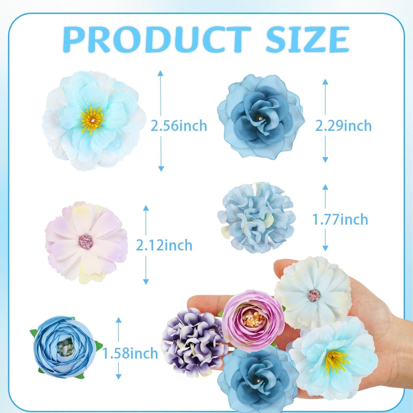 ATTGREAT Fake Flower Heads Mini Silk Flowrs Bulk Small Flower 3D Loose Faux Daisy Rose Sunflowers Plum Blossoms Craft for Wedding Party Cake Baby Shower Home Decor, 110Pcs(Blue)