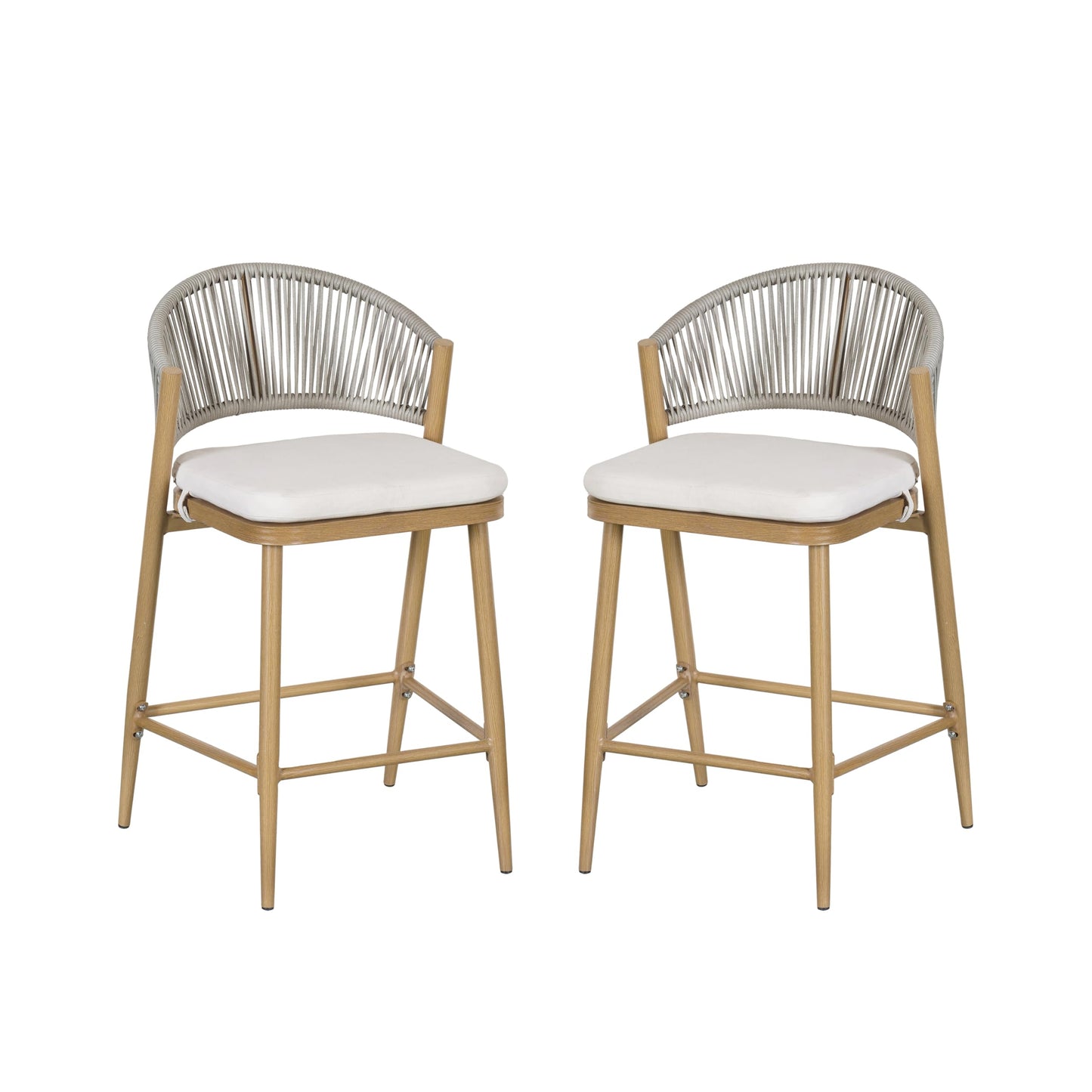 Christopher Knight Home Hearth 26.00" Patio Barstools Set of 2, Woven Wicker Counter Stool, Aluminum Frame Barstool, PE Rattan Scallop-Shape Backrest Woodlike Stool for Backyard Balcony Garden, Maple