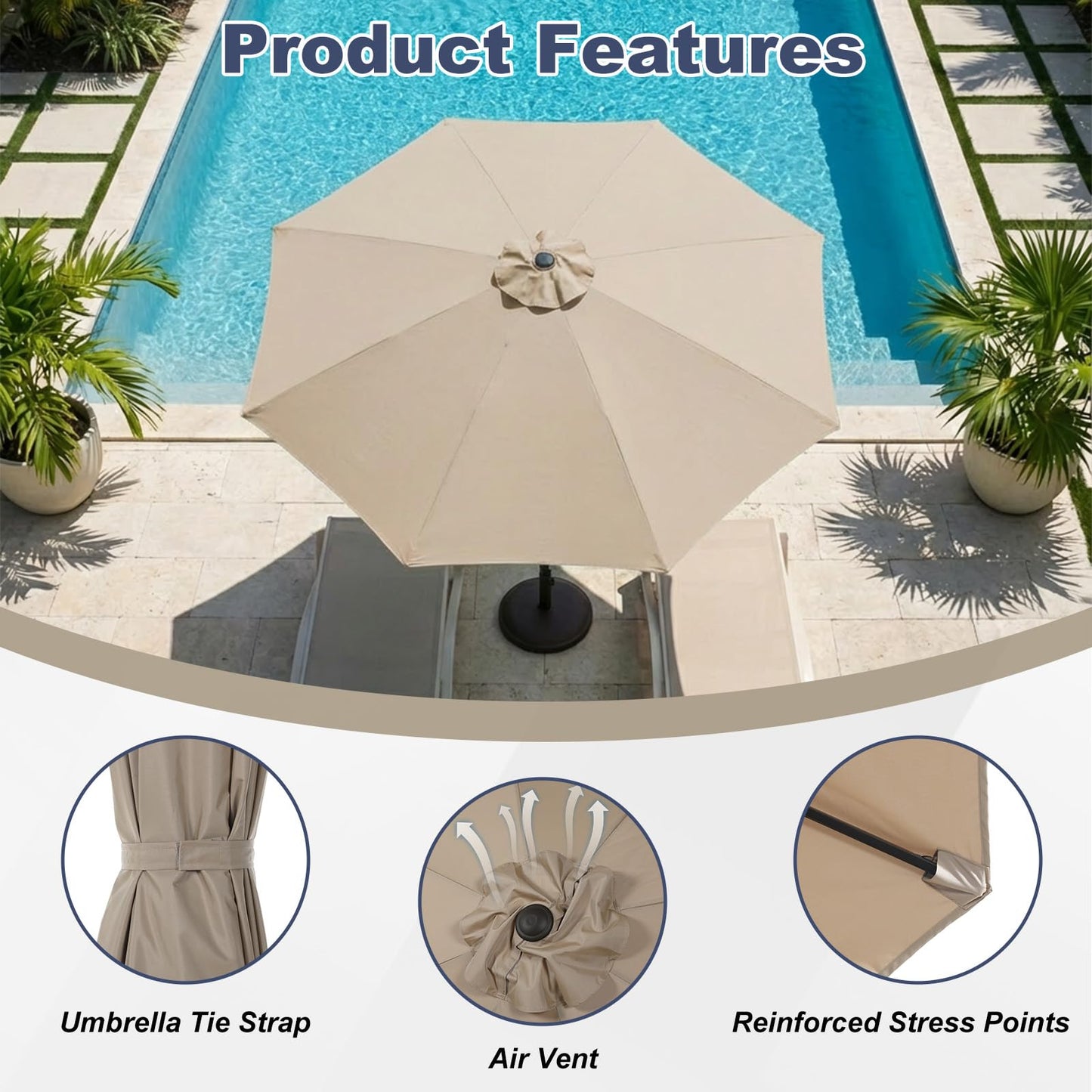 BPS Patio Umbrella Replacement Canopy for 10 ft 8 Ribs Table Umbrella, Outdoor Umbrella Replacement for Market Parasol, Coastal Khaki Canopy Only