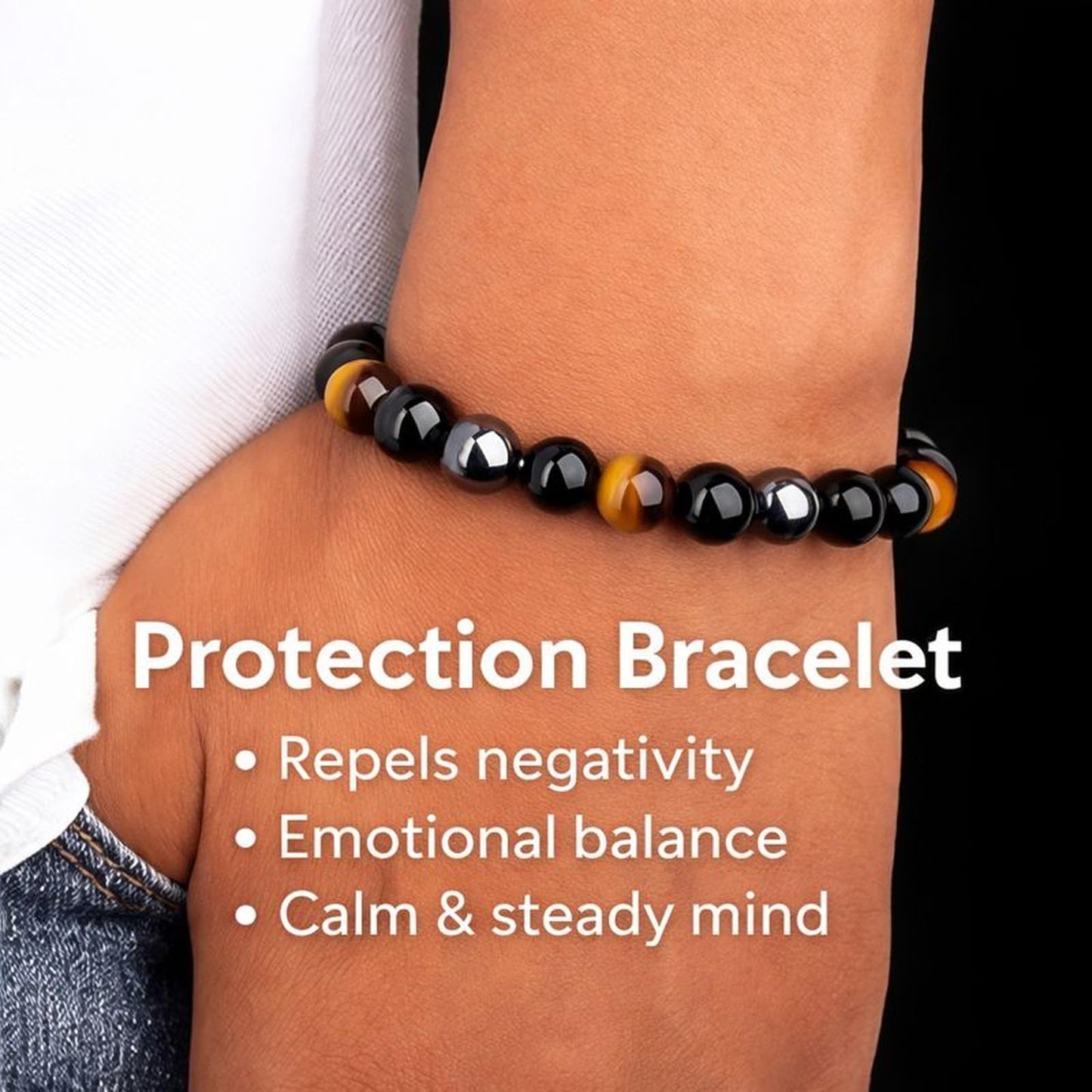 Handmade Triple Protection Bracelet – Tiger Eye, Hematite & Obsidian 8mm Natural Crystal Beads, Healing Natural Stones for Strength, Energy & Balance, Men & Women, 7.48 Inches – Supports Chakra Healing