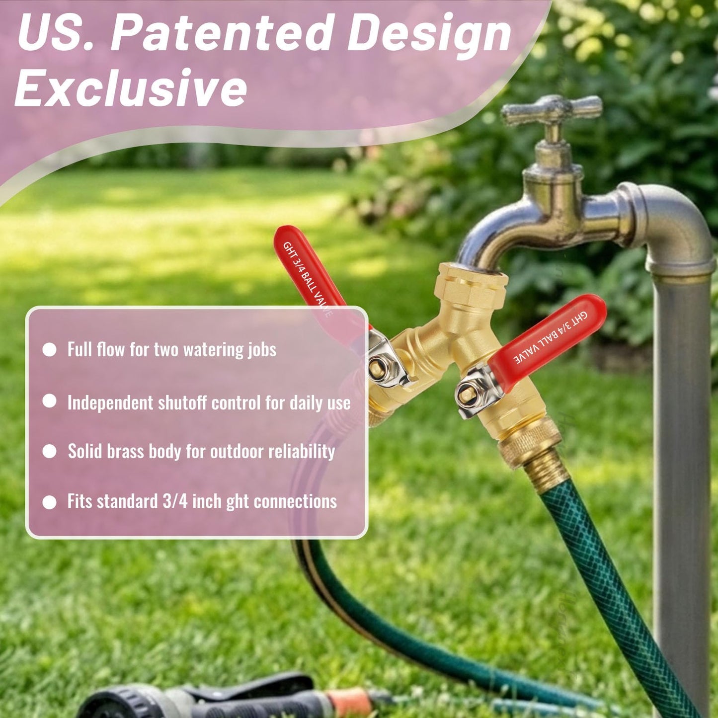 Horiznext GHT 3/4 full flow garden hose splitter, brass hose splitter 2 way heavy duty, y valve hose splitter with shutoff, outdoor water spigot splitter hose connector (1 pc)