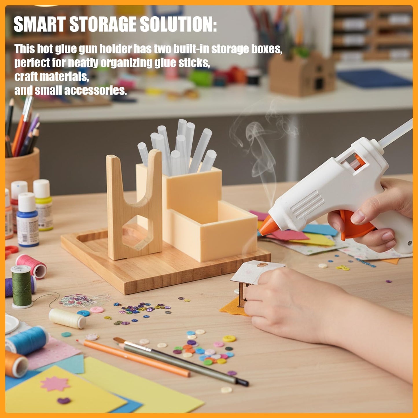Mini Hot Glue Gun Holder with Glue Stick Organizer, 1 Hot Glue Gun Stand and 2 Storage Boxes, Wooden Hot Glue Gun Kit Storage Compartments, for DIY, Crafts, Home School Project