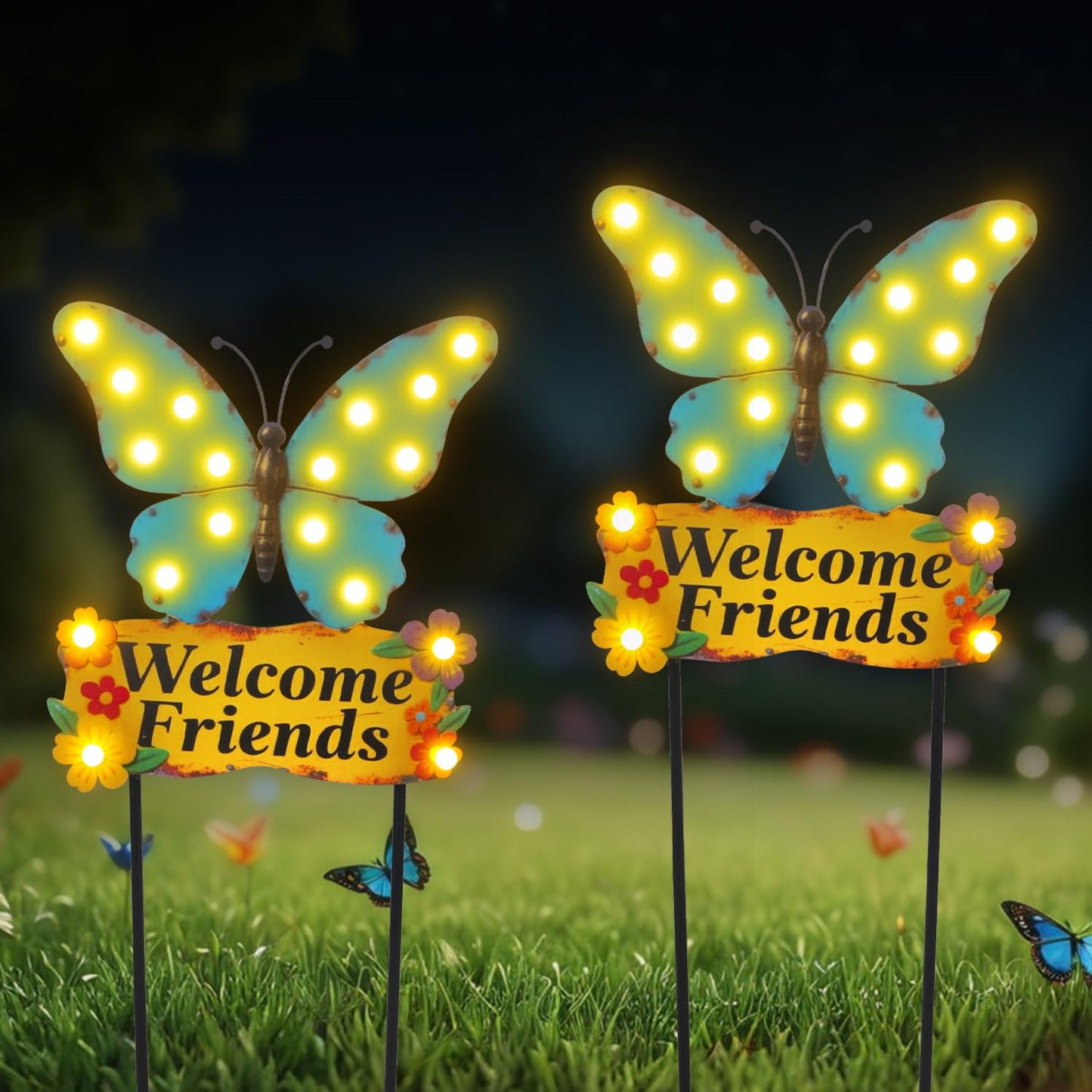 YHSOLAR Decorative Garden Stakes Large 45" with 18 Bulbs Solar String Lights Outdoor Waterproof, Butterfly Solar Lights for Outside with Welcome Friends Garden Sign for Yard, Patio, Pathway