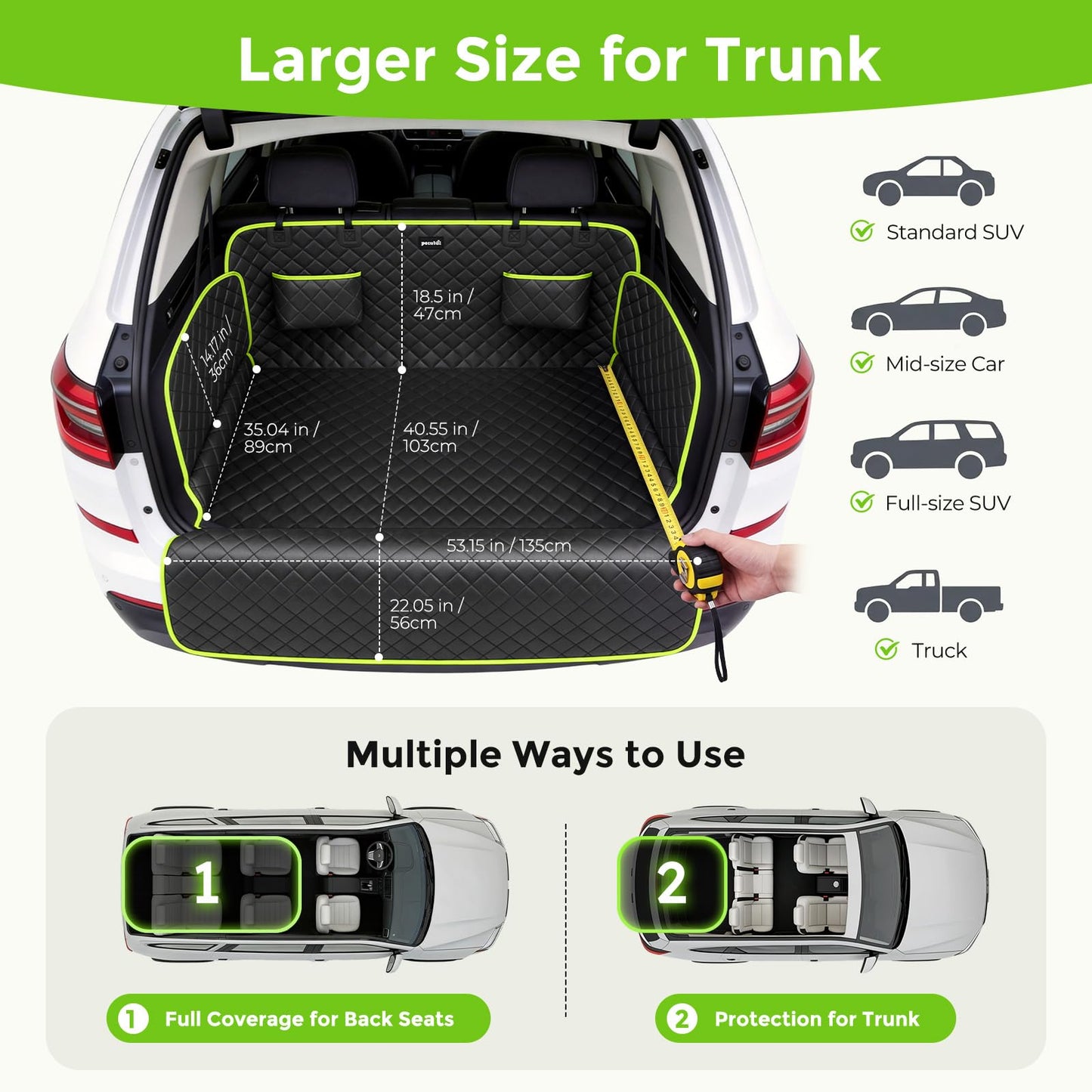 SUV Cargo Liner for Dogs, Upgraded Scratch-proof Leather 14.17" Heightened Side Flaps, 53.15" x40.55" Waterproof Non-Slip Trunk Liner with Bumper Flap, Universal Fit for SUVs Sedans Vans 3-Row SUV