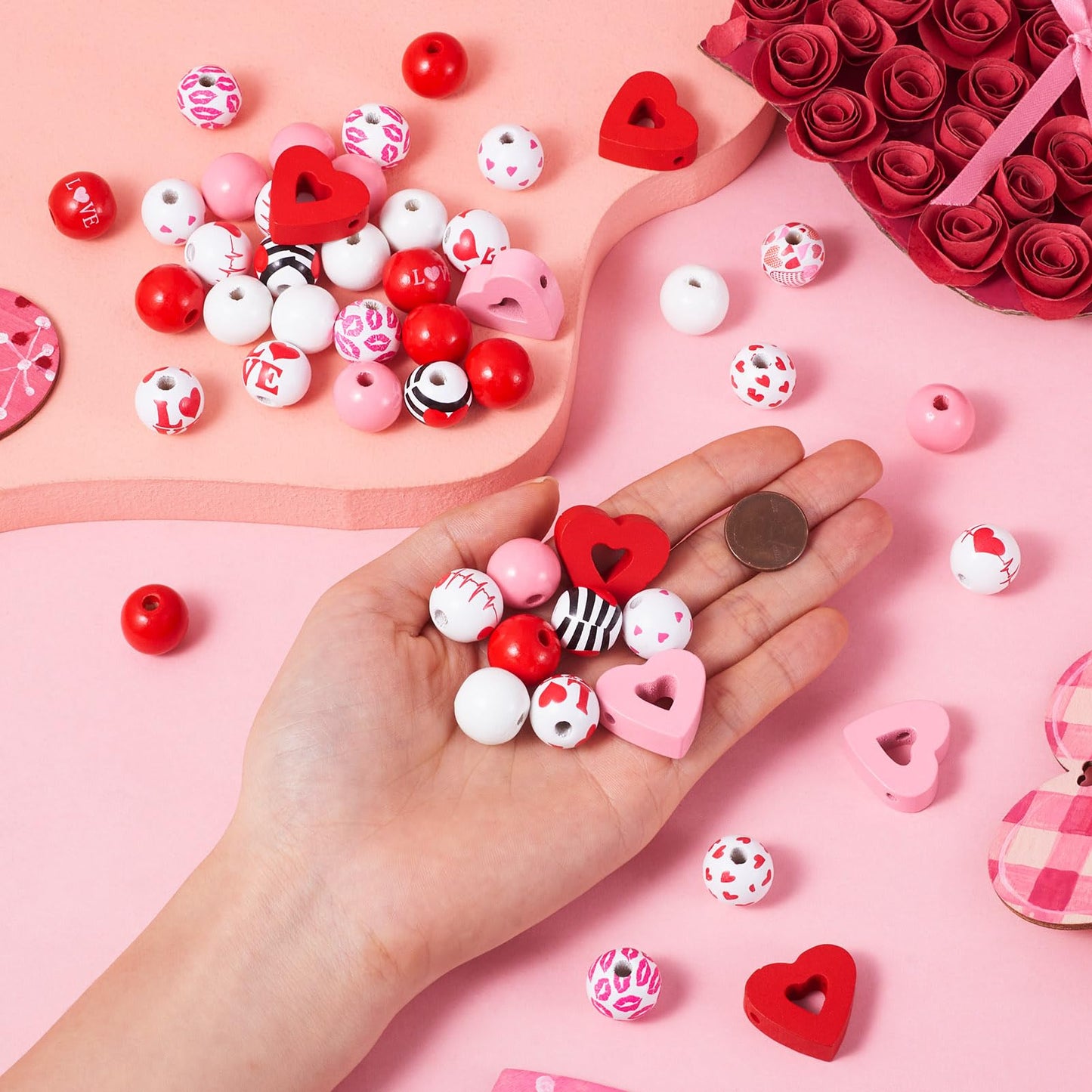 Beadthoven 180pcs Heart Wooden Beads 16 mm Round Wooden Craft Beads DIY Valentine’s Day Beads Natural Loose Spacers Handmade Red Pink Tassel Garland Beads for DIY Crafts Party Jewelry Making Supplies