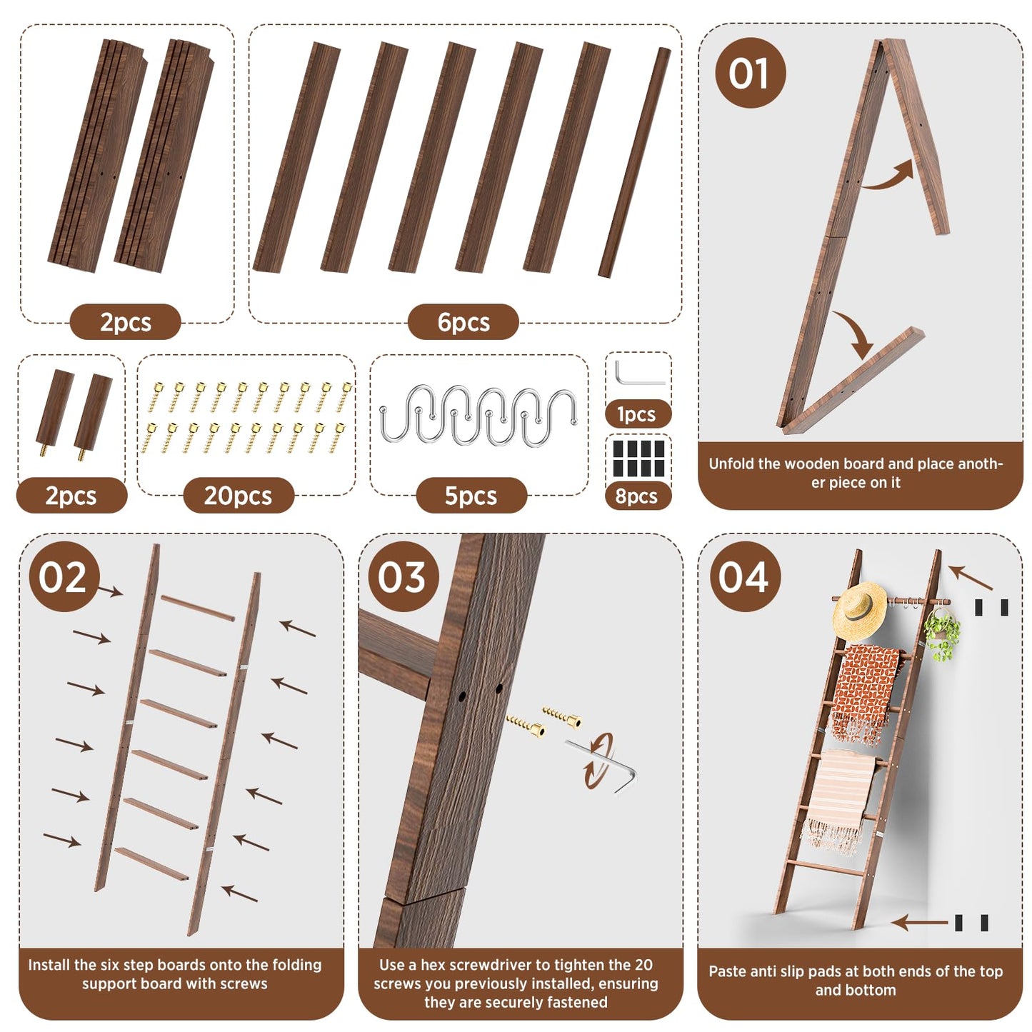 chilinii Farmhouse Wooden Blanket Ladder with Removable Hooks, 6-Tier Rustic Blanket Rack Decorative Stand, Leaning Towel Quilt Rack Holder for Bathroom Living Room Decor Brown
