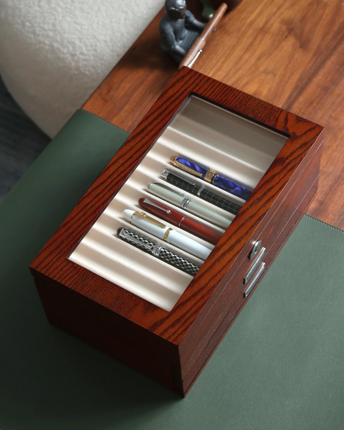 Bonaking Pen Display Case with 36 Pen Slots, Fountain Pen Case, Wood Pen Storage Organizer, Pen Box Display for Men Gift, Pen Collector with Glass Window(Brown ash Veneer Finish, Creamy-White Velvet)