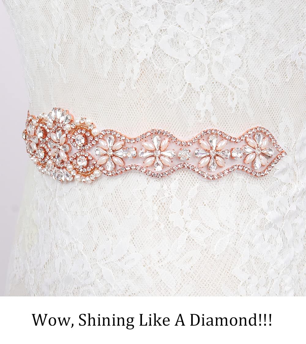 Pardecor Rhinestone Applique Wedding Bridal Sash Belt Dress Belt Sashes For Wedding Dress Crystal (181 Rose Gold)