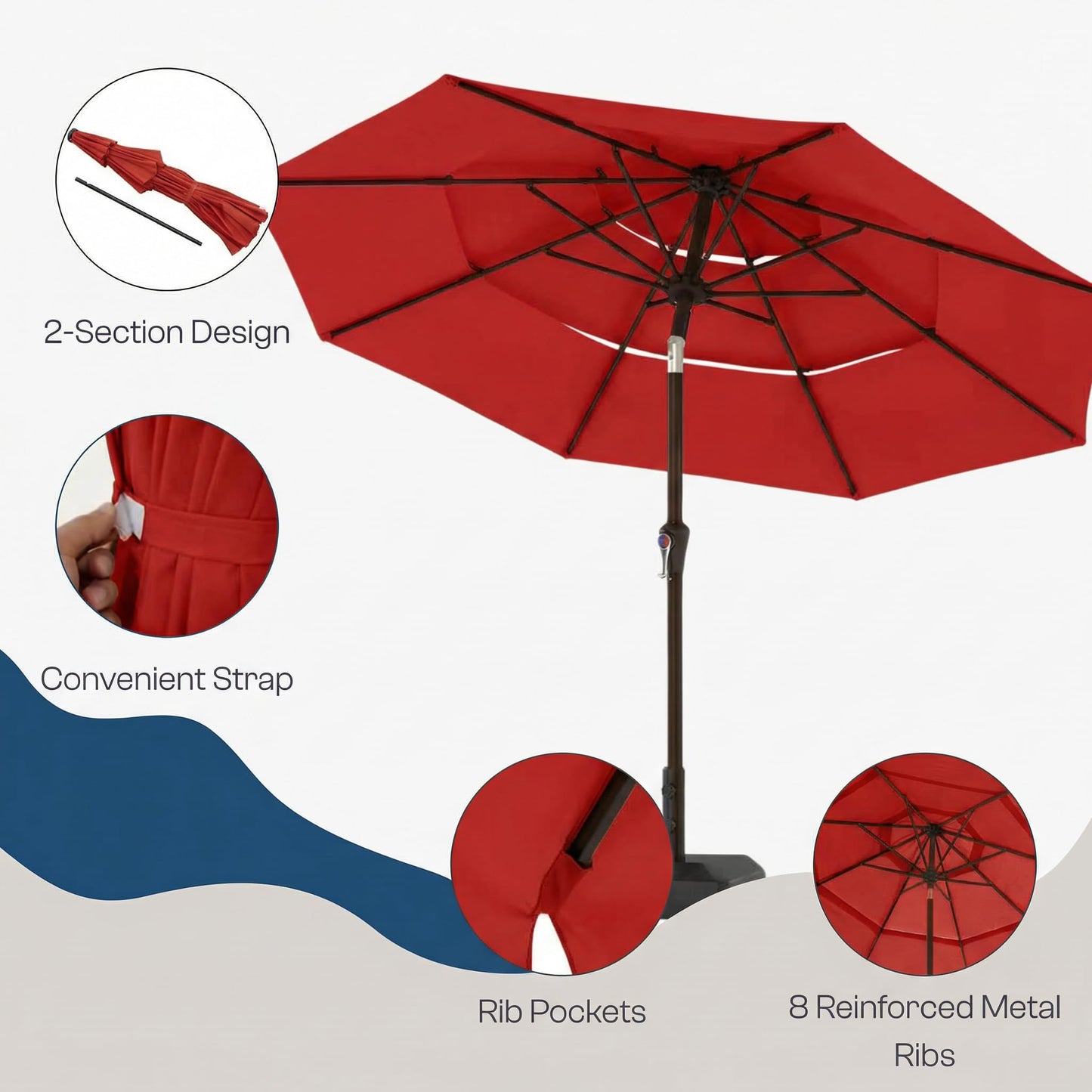 Tobeos 10ft 3 Tier Patio Umbrella, Outdoor Market Table Umbrella with UPF 50+ Vented Canopy, 8 Sturdy Ribs, Easy Push Button Tilt and Crank, Windproof for Deck, Pool, Backyard and Garden, Red