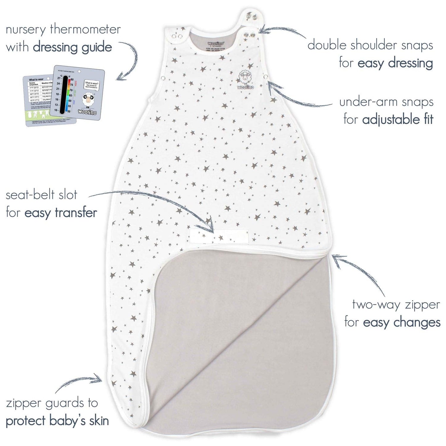 Woolino 4 Season Ultimate Baby Sleeping Bag - Merino Wool and Organic Cotton - Universal Size Adjustable Sleep Sack for Baby - Two-Way Zipper Sleeping Bag (2-24 Months) - Stars White
