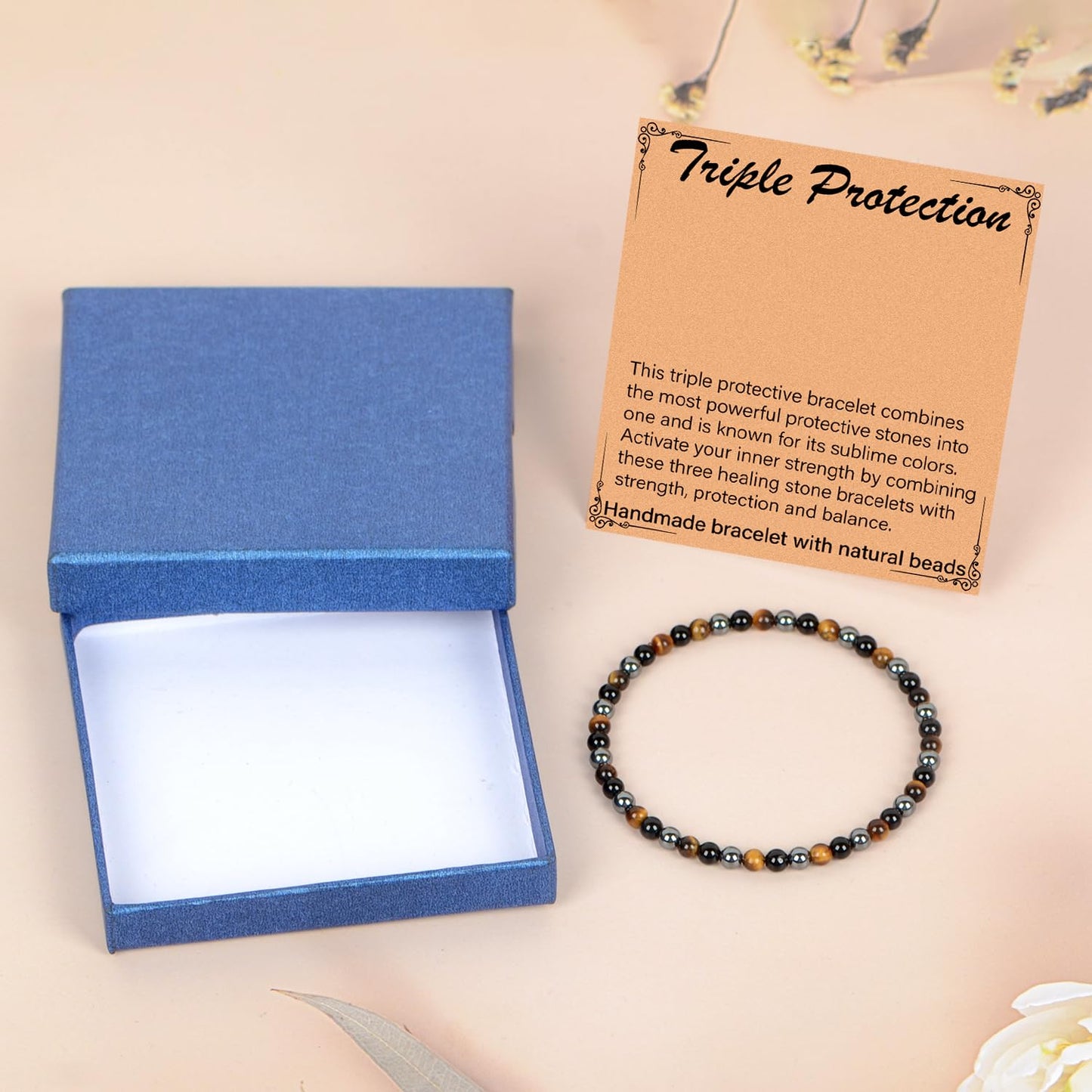 LPBeads Handmade Natural Gemstone Stretch Elastic 4mm Onyx Tiger Hematite Mixed Stone Bracelet Healing Crystal Round Stone Beads Jewelry Gifts for Women Men