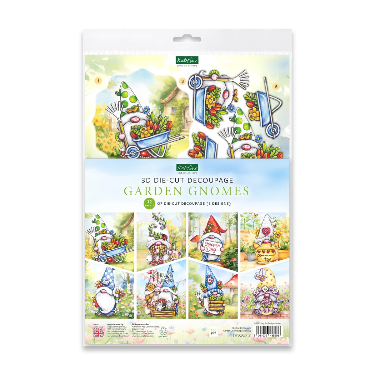 Katy Sue Garden Gnomes Die-Cut Decoupage Pack. 12 Sheets of Gnome, Gonk & Garden-Themed Die Cuts for Card Making Supplies with Sentiments & Card Toppers on 150 GSM Paper. UK-Made.