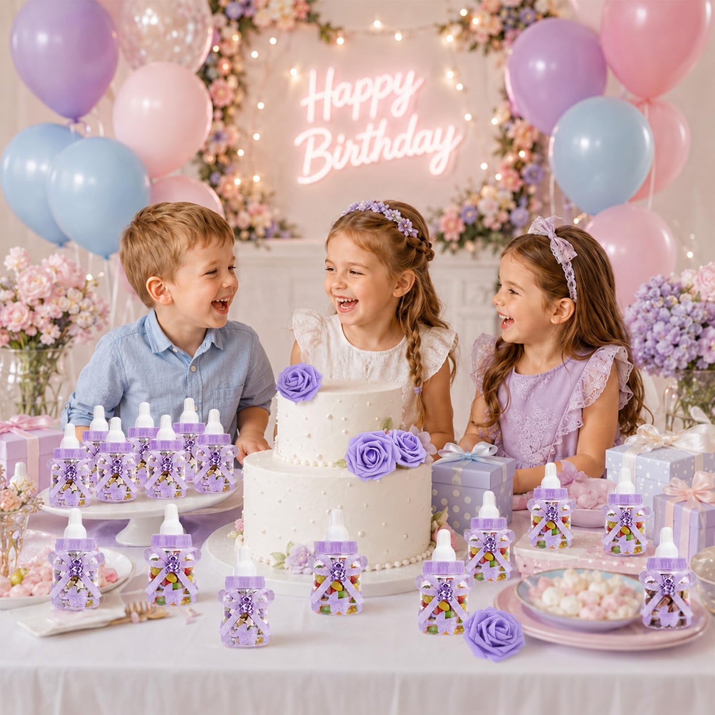 MACTING 2 Dozens 3.5 Inch Feeding Bottle Candy Box with 5Pcs Artificial Flower Rose for Baby Shower Favor Gift Decoration (Purple)