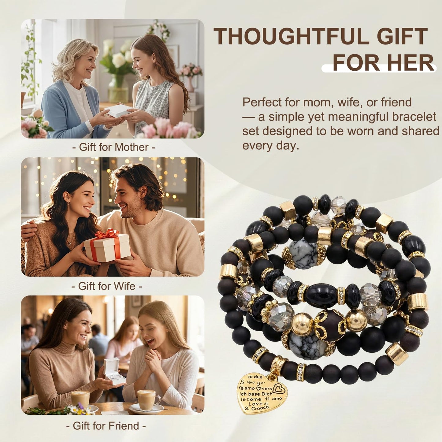 Ysenchan Bohemian Bracelet Set for Women, 4 Pcs Beaded Stackable Bracelets with Heart Charm, Stretch Bracelets, Boho Jewelry Gift – [Black]
