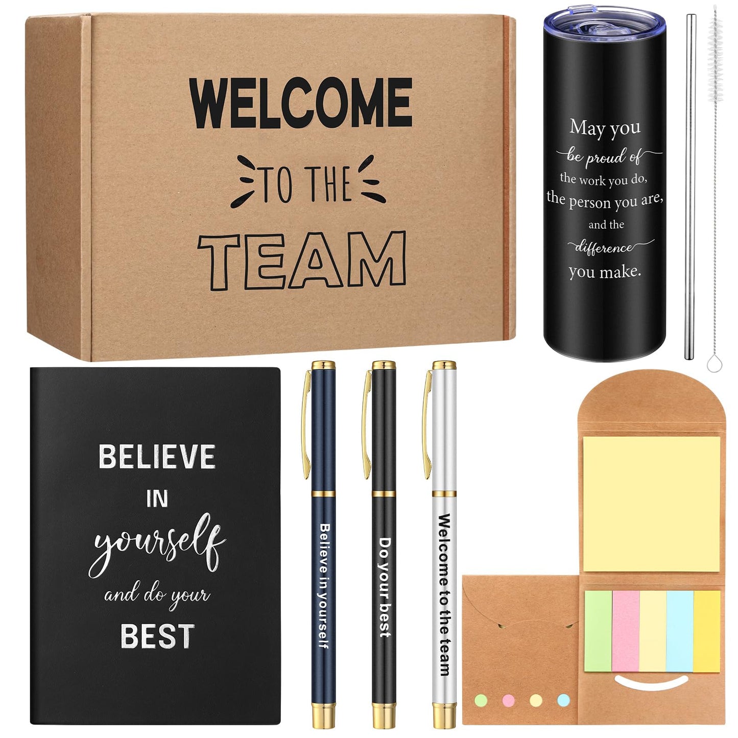 Teenyyou 7 Pcs New Employee Welcome to The Team Gift Set for Him or Her Welcome to The Team Gift Box Holiday Gifts Include 20oz Tumbler Notebook Pens and Sticky Note for New Employee Worker(Black)