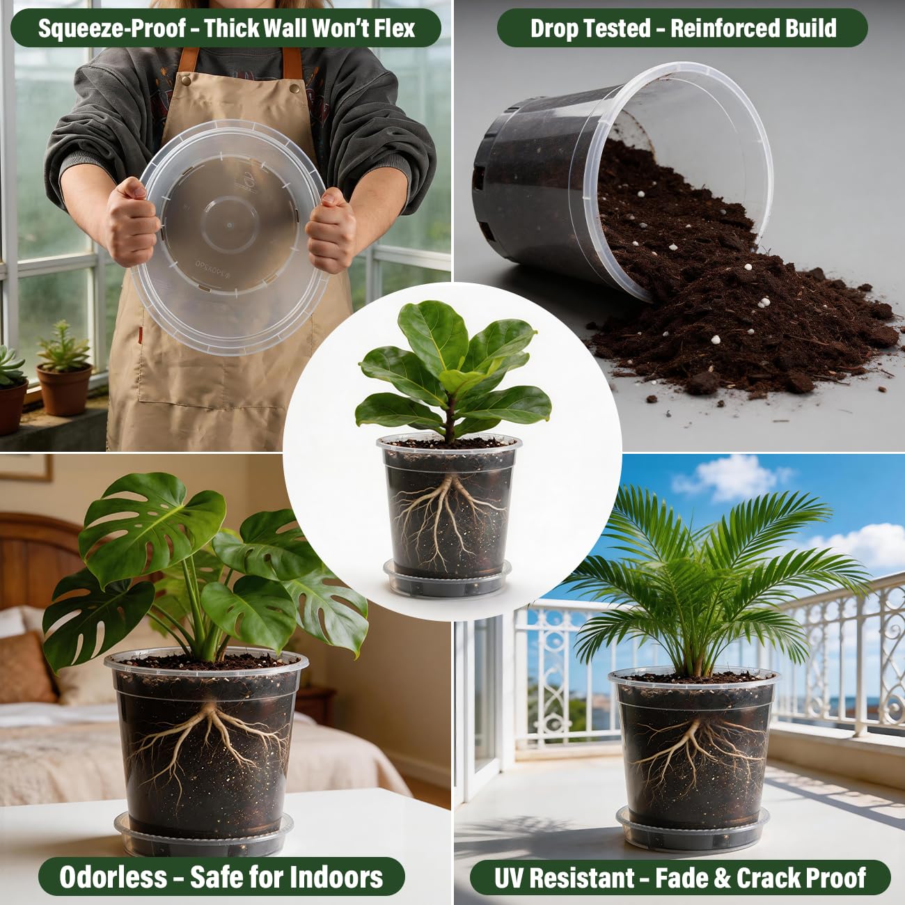 BTPLASTIK 2 Gallon Clear Nursery Pots with Saucers 5P, 7.5 Inch Round Plastic Plant Pots with Drainage Holes