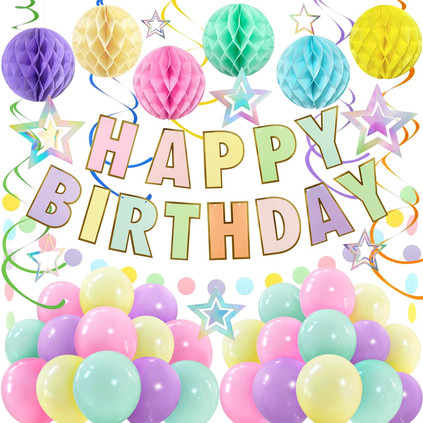 ZERODECO Birthday Decorations, Easy to Assemble Pastel Happy Birthday Banner with Honeycomb Ball, Balloon, Hanging Swirl Streamer, Garland, Happy Birthday Party Decorations for Women Girls Kids