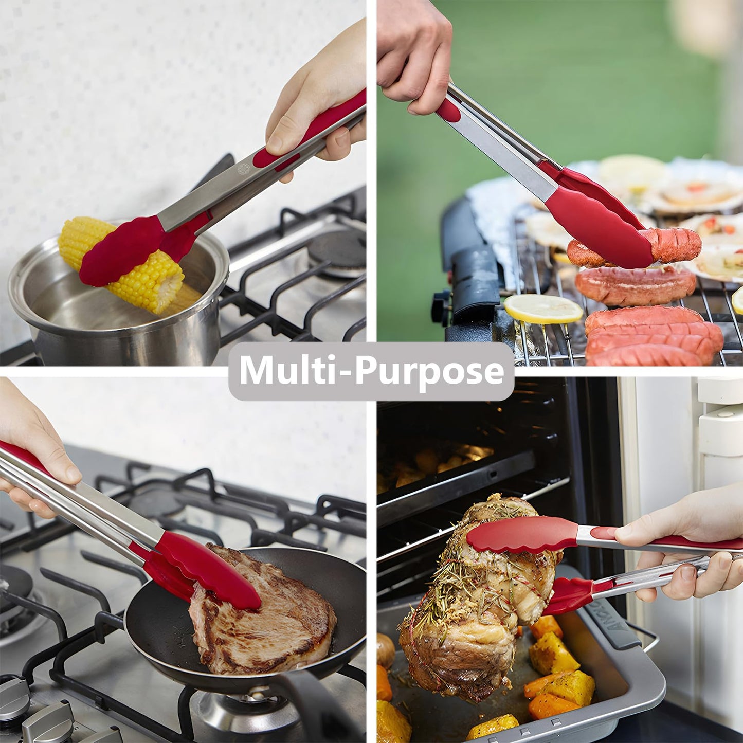 IOCBYHZ Kitchen Tongs for Cooking w Non-Stick Silicone Tips, 600°F Heat Resistant Silicone Cooking Food Tong Set Heavy Duty Stainless Steel Handle for Baking Grilling BBQ Salad Serving, 7" 9" and 12"