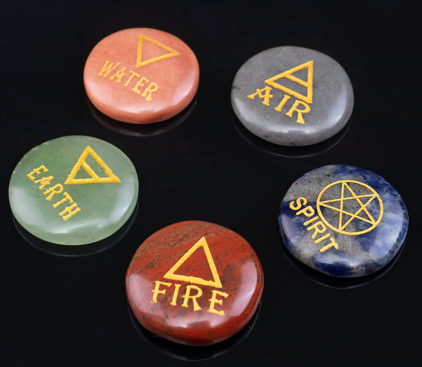 Crocon 5 Elements Assorted Stones Round Shape Engraved Triangle Symbols (Earth Air Fire Water Spirit) Polished Palm Stones for Gemstone Reiki Crystals Healing Stones Meditation Divination Gifts