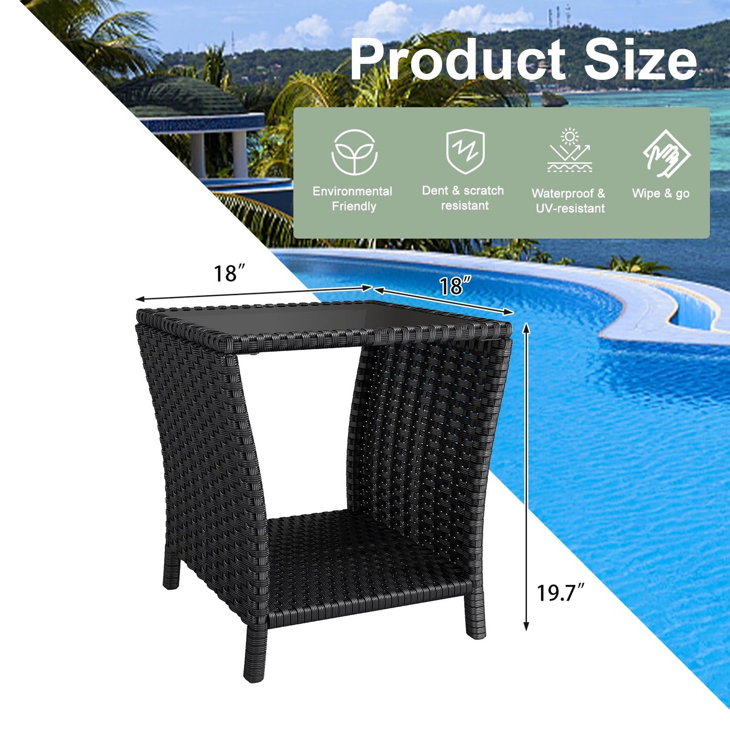 kinbor Small Outdoor Table - Tempered Glass Top Small Outdoor Wicker Side Table with Storage Shelf for Patio, Balcony & Porch, Durable PE Rattan & Iron Frame