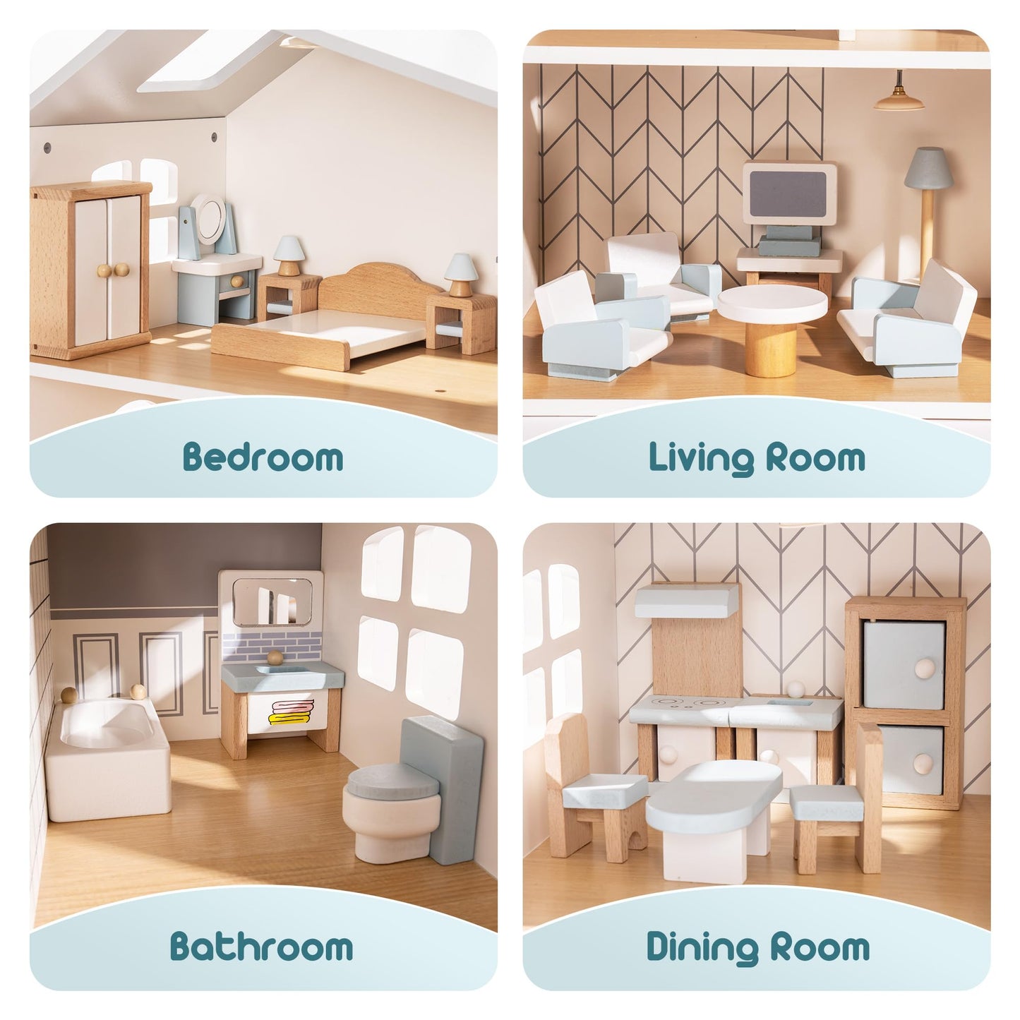 ROBUD Wooden Dollhouse Furniture Set, 23 Pcs Dollhouse Accessories, Miniature Furniture Including 5 Room Kits, Dollhouse Furniture Pretend Play Toys for Boys, Girls & Toddlers, 3+