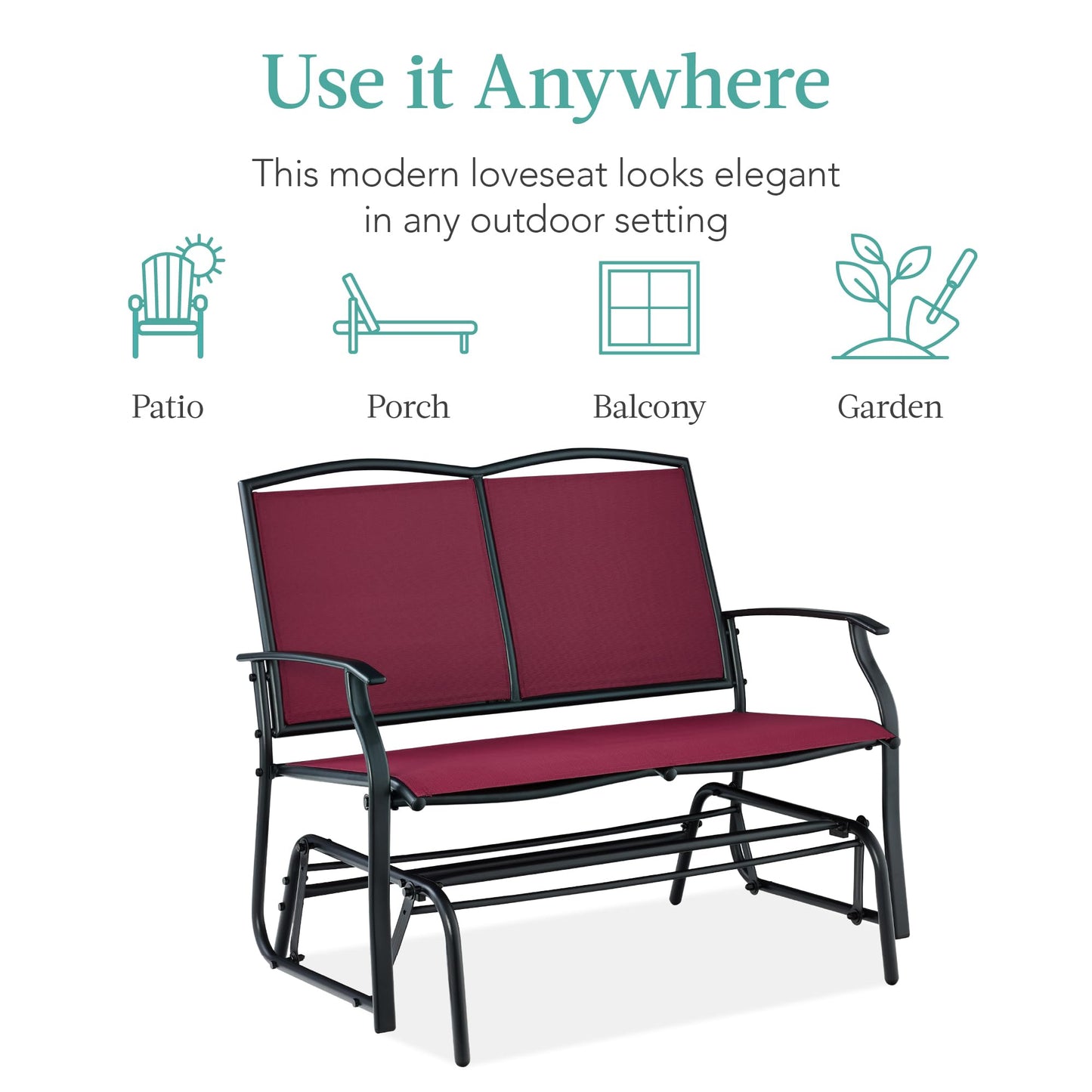 Best Choice Products 2-Person Outdoor Patio Swing Glider Steel Bench Loveseat Rocker for Deck, Porch w/Textilene Fabric, Steel Frame - Burgundy/Black
