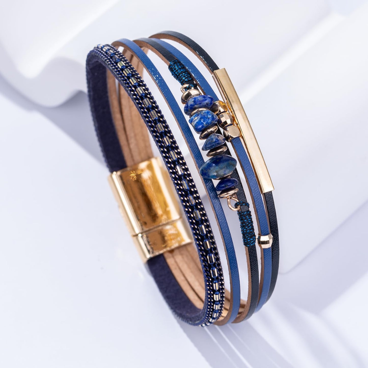 Becklynn Boho Gemstone Beaded Leather Wrap Bracelets Stackable Chunky Cuff Bracelet Western Jewelry Hippie Cowgirl Cowboy Accessories Country Concert Outfits for Women(Navy Blue)