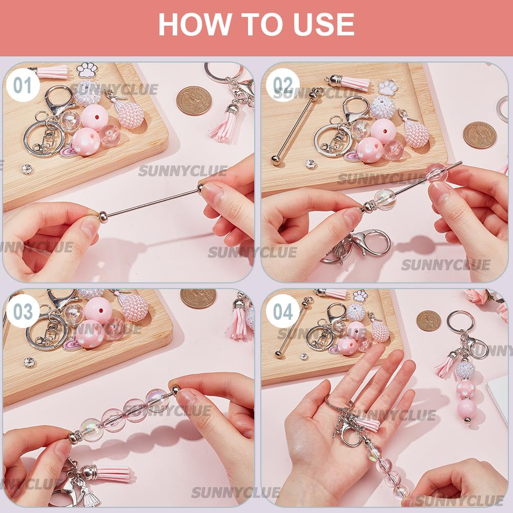 SUNNYCLUE DIY 6 Sets Valentines Day Keychain Making Kit Bead Keychain Bars Romantic Pink Charms Beadable Keychains Bar Keychain for Women Adults Gift Holiday Party Favor Office School Supplies