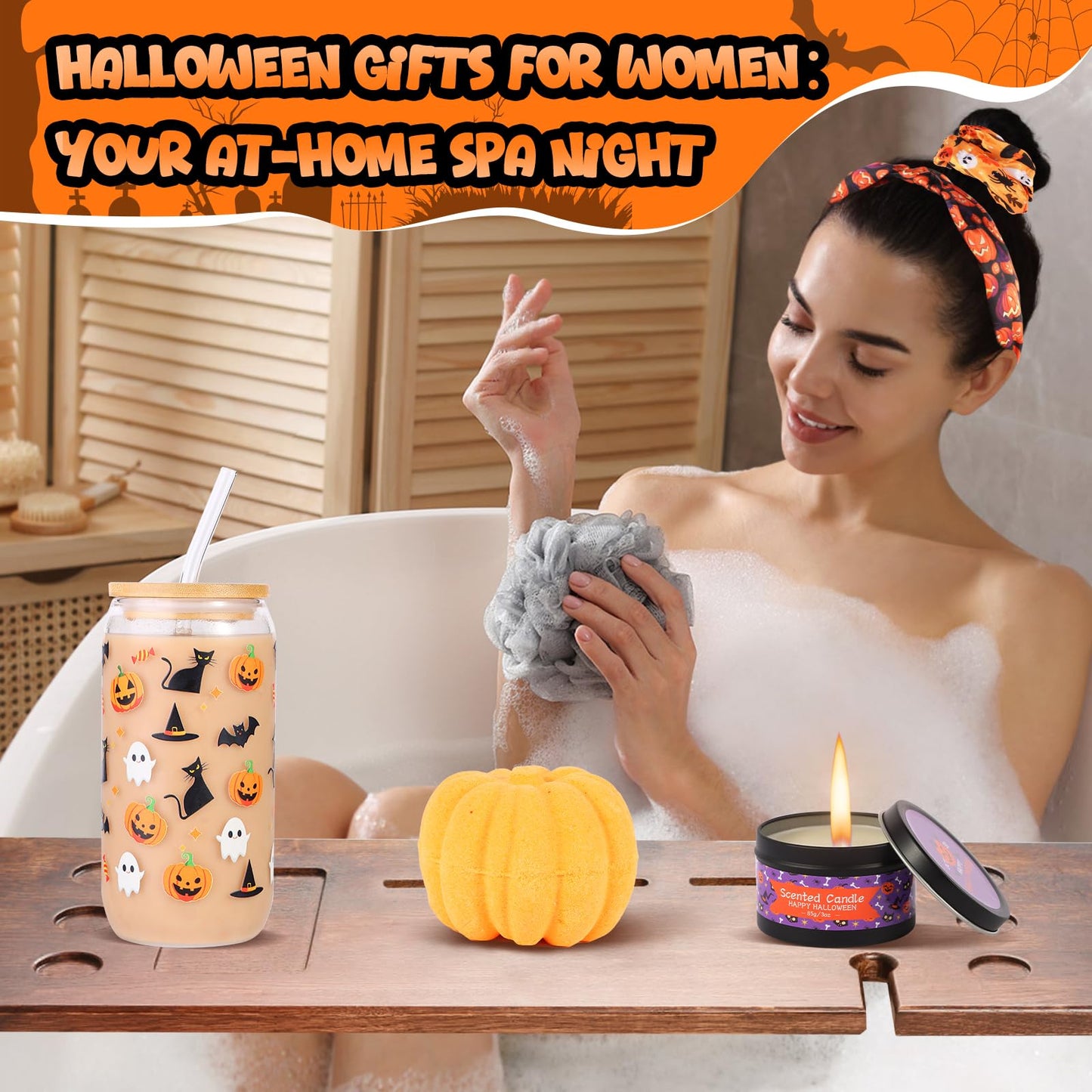 Munutix Boo Basket Stuffers for Women - 8pcs Halloween Gifts Basket for Teens Girls with 17oz Glass Cups & Spa Gifts - Boo Basket for Family, Friends, Her, Mom, Sister, Wife