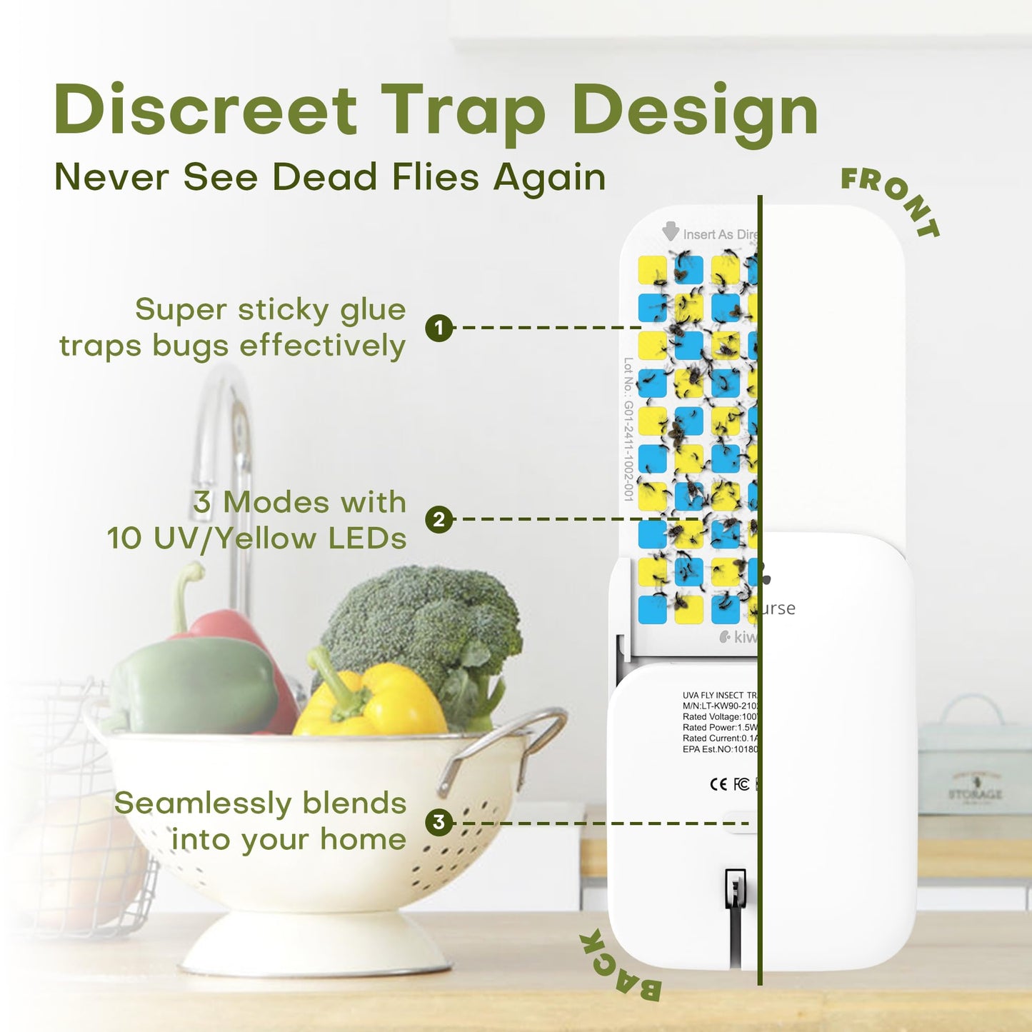 Kiwinurse Flying Insect Trap Indoor - Plug-in Fly Catcher and Killers Includes Refills for House Flies, Fruit Flies, Gnats,Cover up to 800 ft², Off-White, 1 Trap + 4 Refills