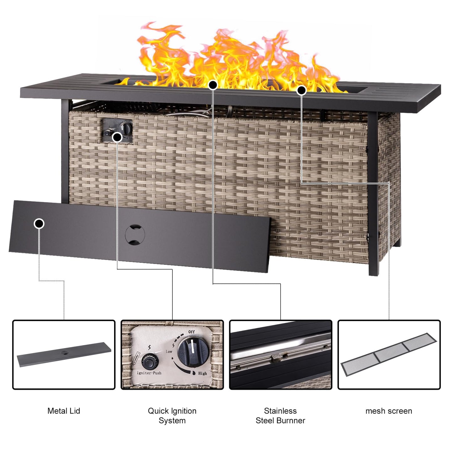 EcoNook 57 inch Propane fire Pit Table with Waterproof Cover & Ratten Side Panel, 50000 BTU Gas Firepit Table with Lid & Lava Rock, Outdoor Fire Pit for Dining or Party, Firepit for Outside, Patio