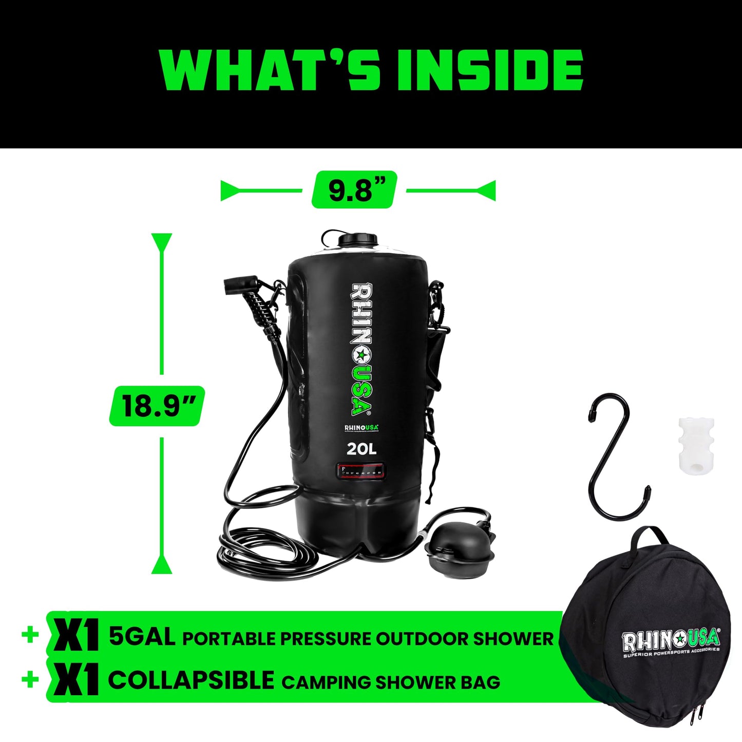 Rhino USA 5 Gal / 20L Portable Solar Camp Shower - Essential for Camping, Festivals, Overlanding, Beach Trips, Outdoor Shower and more!