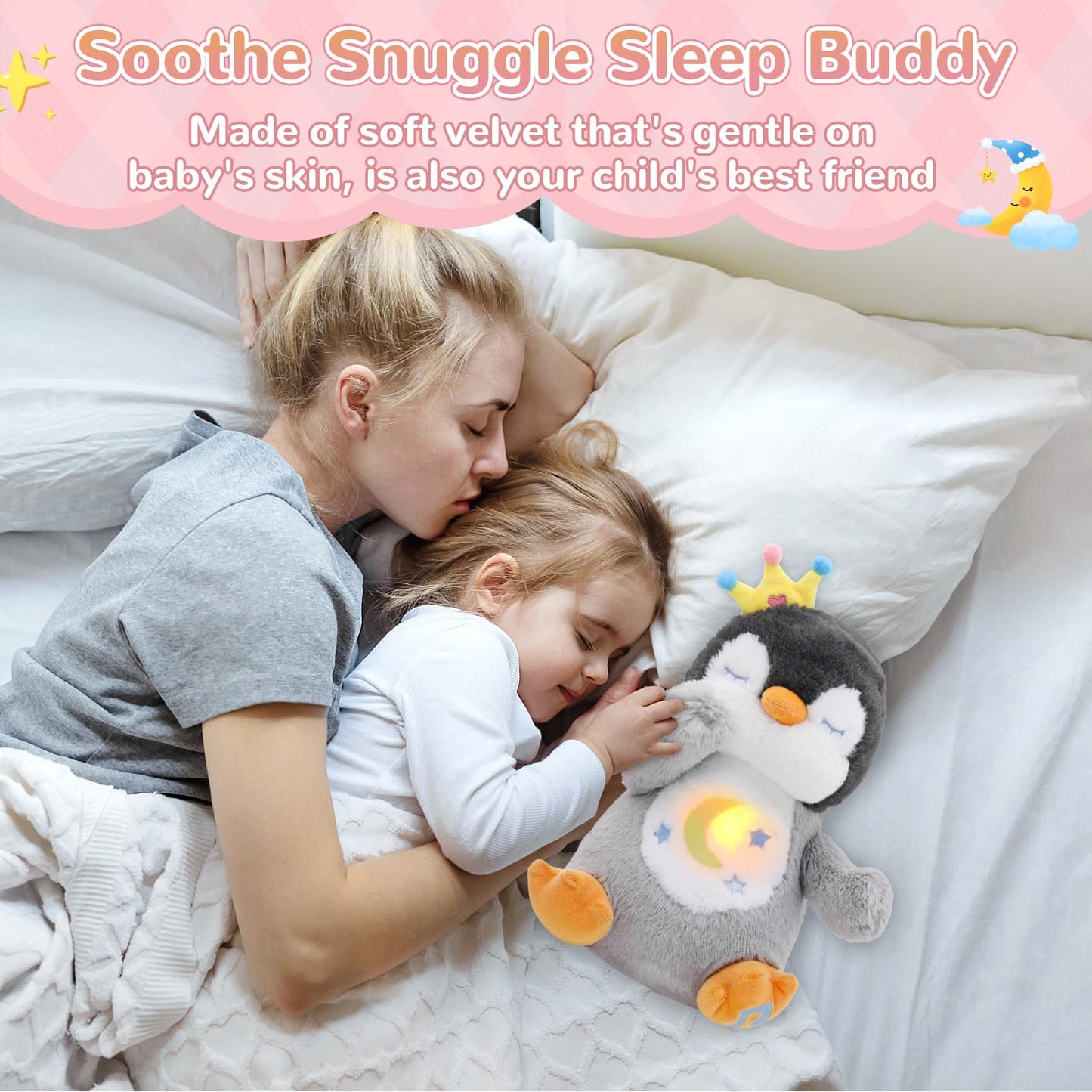 MILEGI Breathing Stuffed Animal, Soothe Snuggle Penguin & Bunny Plush, Sleep Buddy Soothing Breathing Plush for Anxiety Adults and Kids, Penguin Plushie with Realistic Breathing and Lights Music