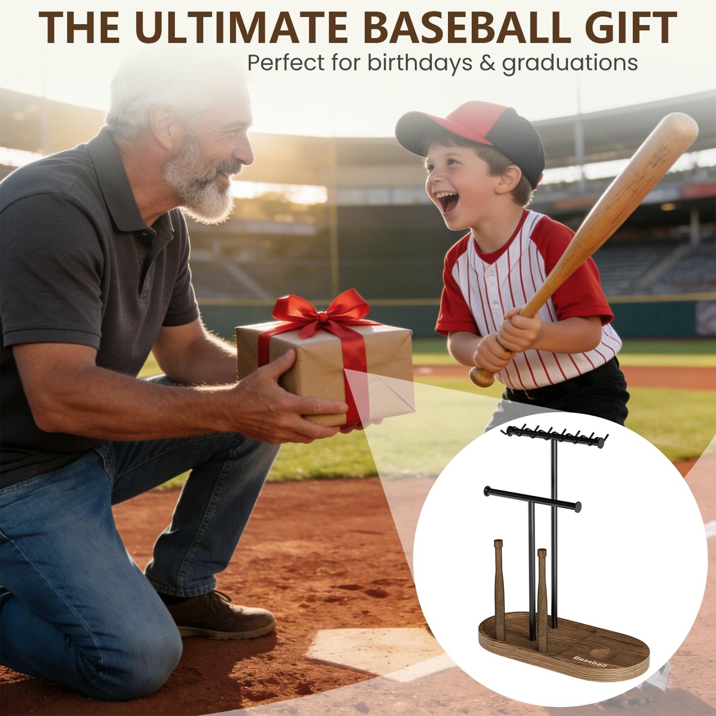 kulusion Baseball Display Case for Ball and Cards, 4-in-1 Necklace Ring Jewelry Stand, Sports Fan Display Organizer Case for MLB Collectibles, Gift for Baseball Lovers(Rustic Wood & Solid Metal)
