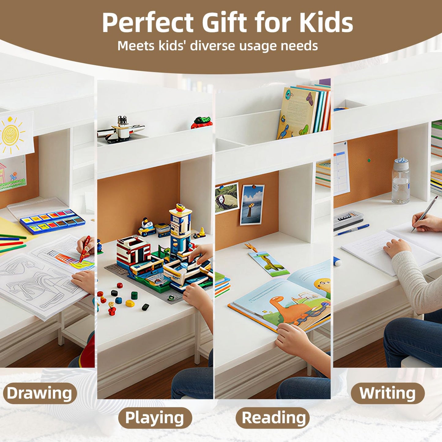 DHZ Kids Desk and Chair Set with Storage, Children Study Table with Bulletin Board, Side Pouch Organizer for Art Supplies, Kids Study Desk with Hutch for 5-12 Homework, Reading, Art Activities