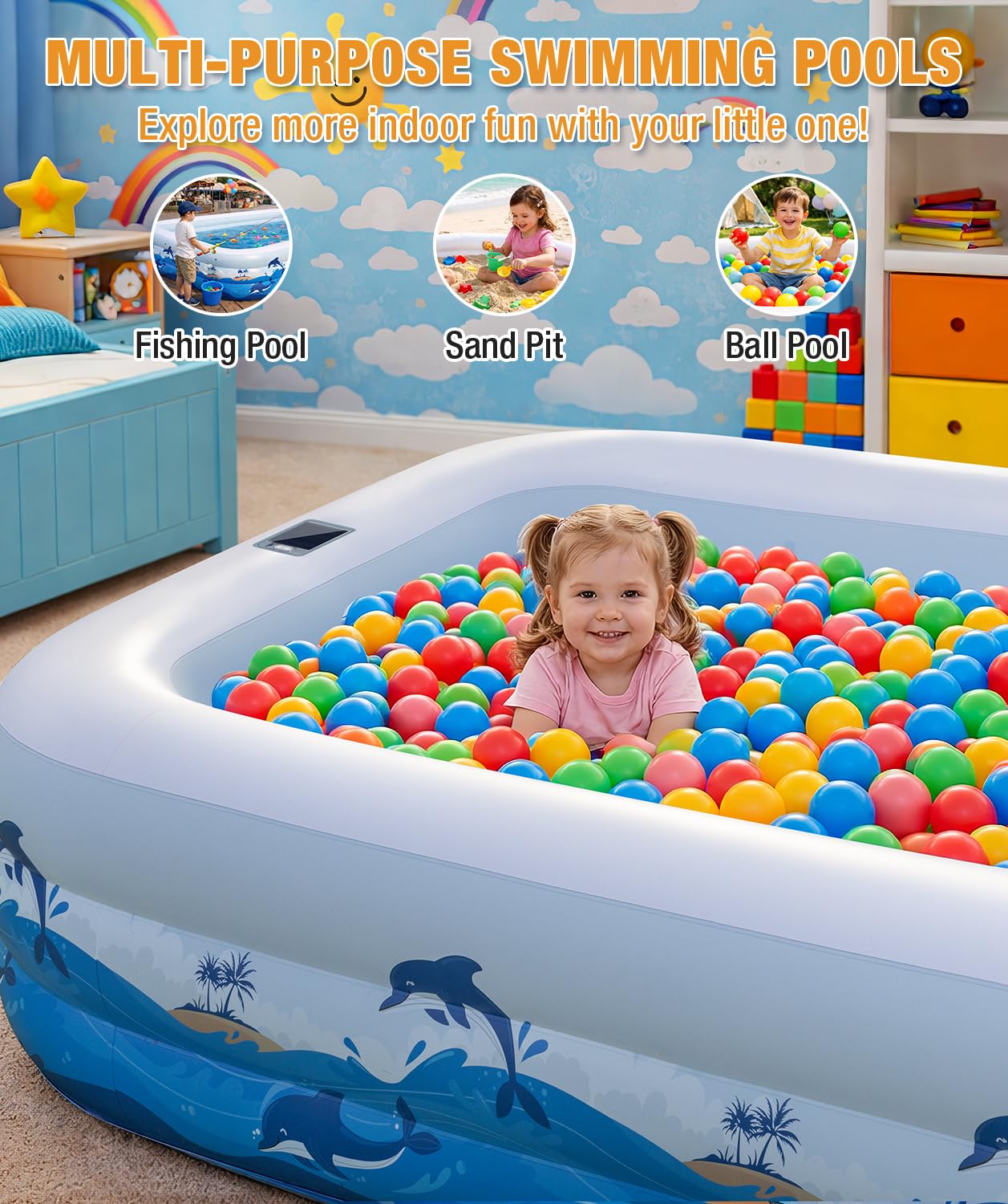 Extra Large Inflatable Pool with Lights - 145" x 74" x 22" Swimming Pool for Adults with Solar Powered, Blow Up Pool for Backyard (Air Pump Not Included)