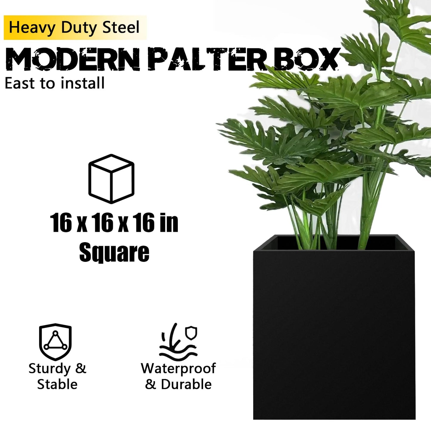 VEVIVOOVY Heavy Duty Steel Planter Box (16"x16"x16"),Square Tall Planter Modern Detached for Indoor & Outdoor Planters Cube,Black Flower Plant Pot for Commercial Residential for Patio Deck & Backyard