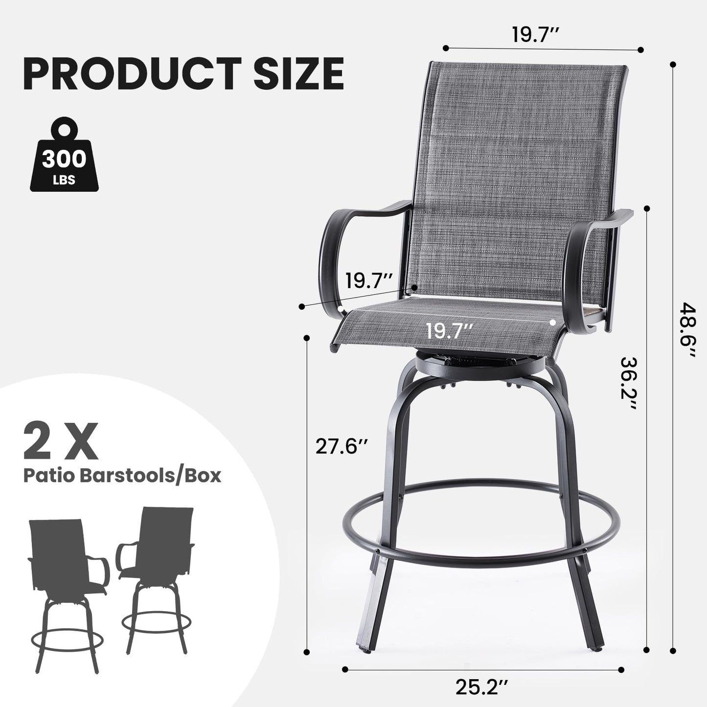 Soohow Swivel Patio Bar Stools Set of 2, Outdoor Barstools with Paded Textilene Fabric, All Weather Bar Height Outdoor Chairs, Tall Swivel Patio Chair for Balcony, Poolside, Yard