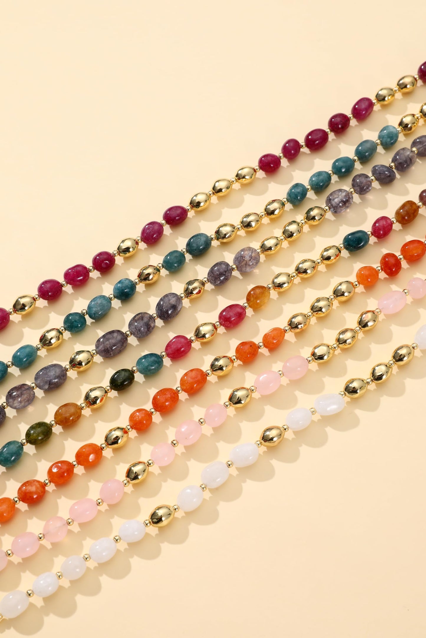NVWAROCK Beaded Bracelet for Women, Gemstone Bracelet, 14K Gold Plated Stackable Handmade Oval Stone Bracelet Jewelry Gift - White