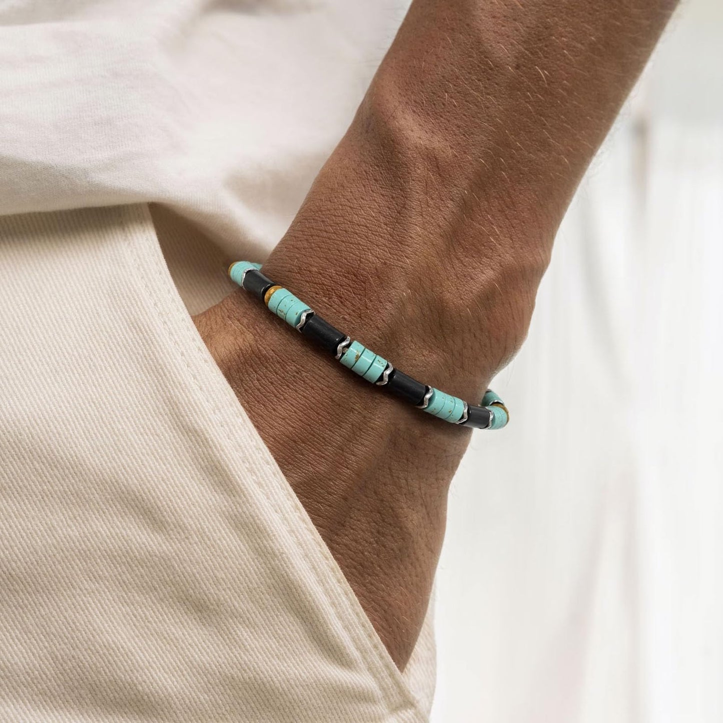Sunongxin Turquoise Bracelet, Handmade Bead Bracelet with Tiger Eye Obsidian Hematite for Stone Jewelry, Healing bracelets for Men Women