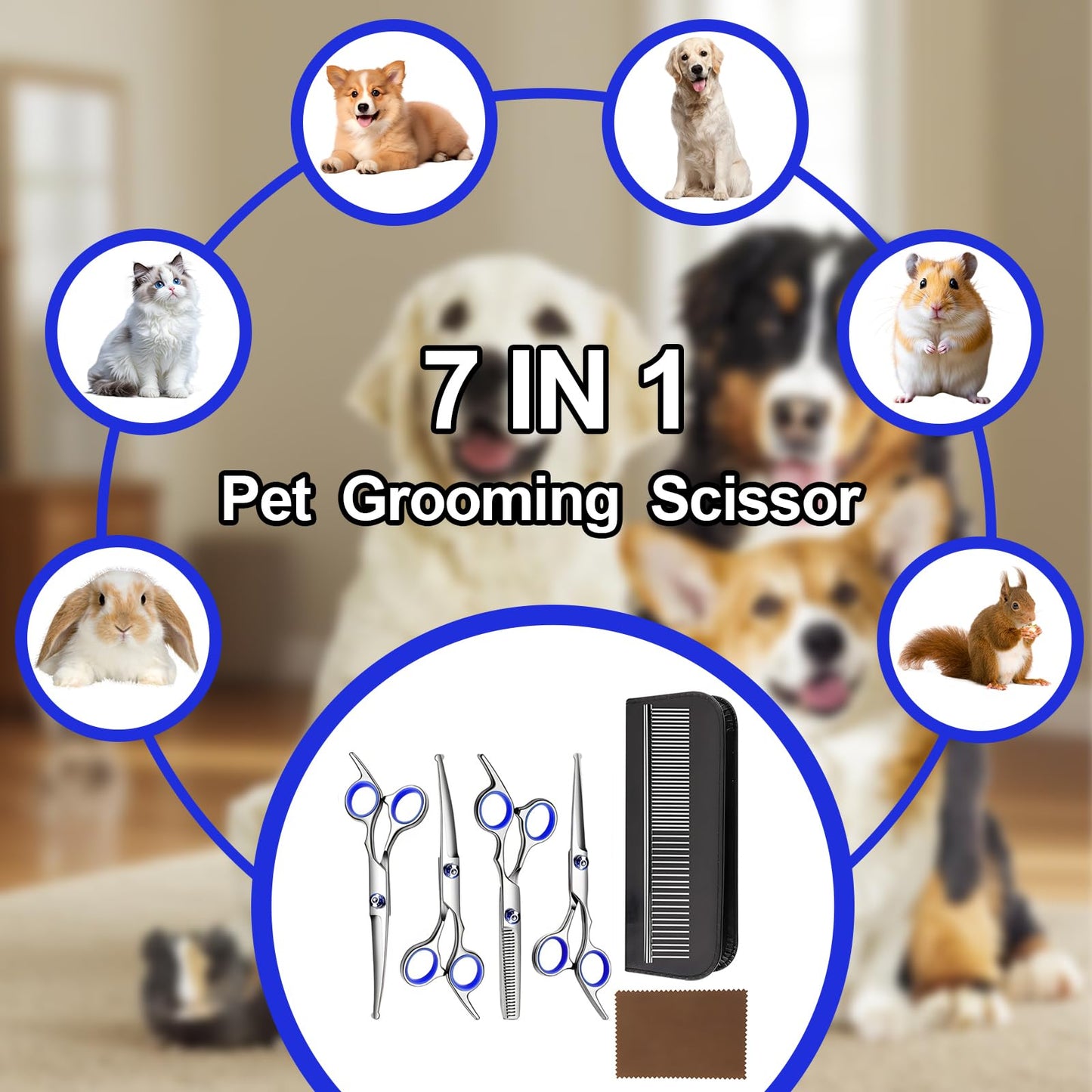 HCHYEY Dog Grooming Scissor, 7-in-1 Pet Grooming Scissor for Dogs, Professional Dog Grooming Kit with Safety Round Tips, Titanium Coated Cat Scissors Kit for Home Grooming (Blue)