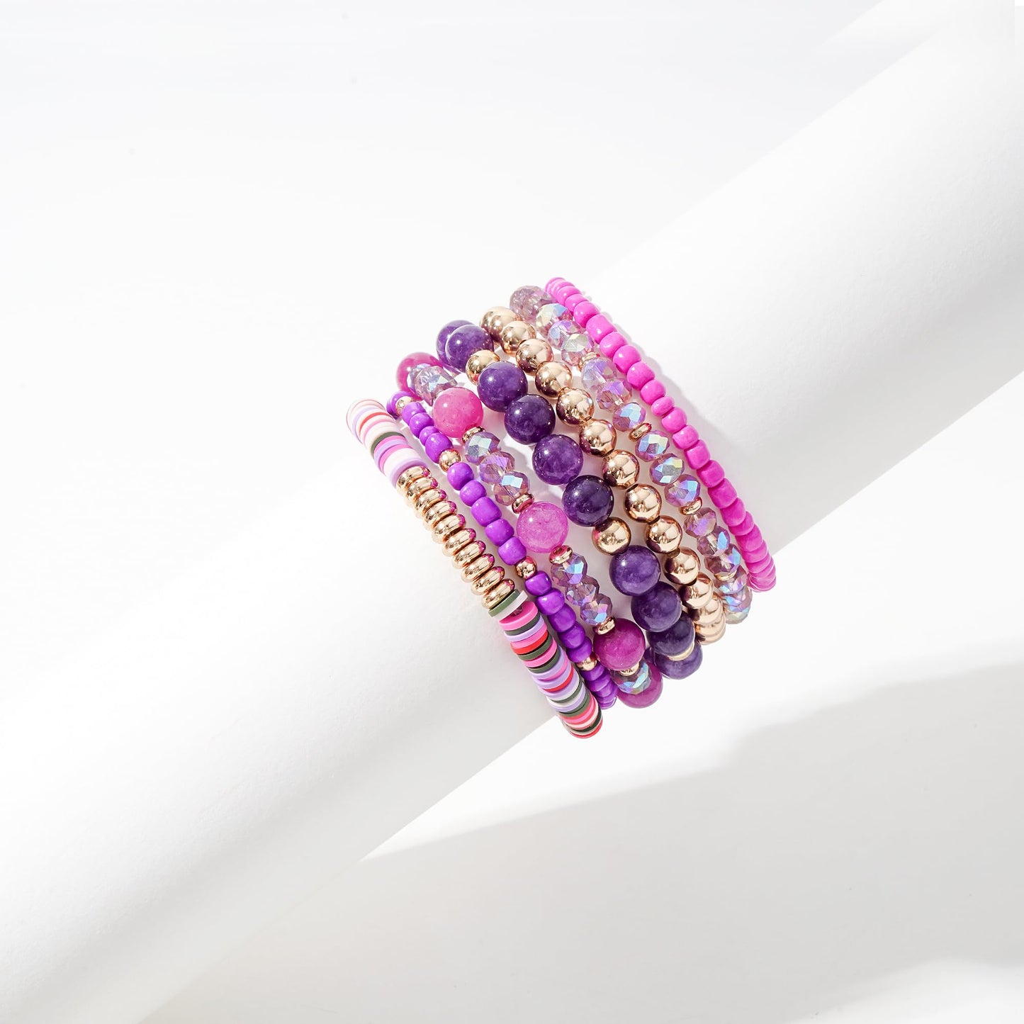 GOOJIDS Surfer Heishi Clay Bead Bracelets for Women Bohemian Stackable Gold Plated Beaded Stretch Bracelets Elastic Layering Friendship Bracelets Set Boho Jewelry