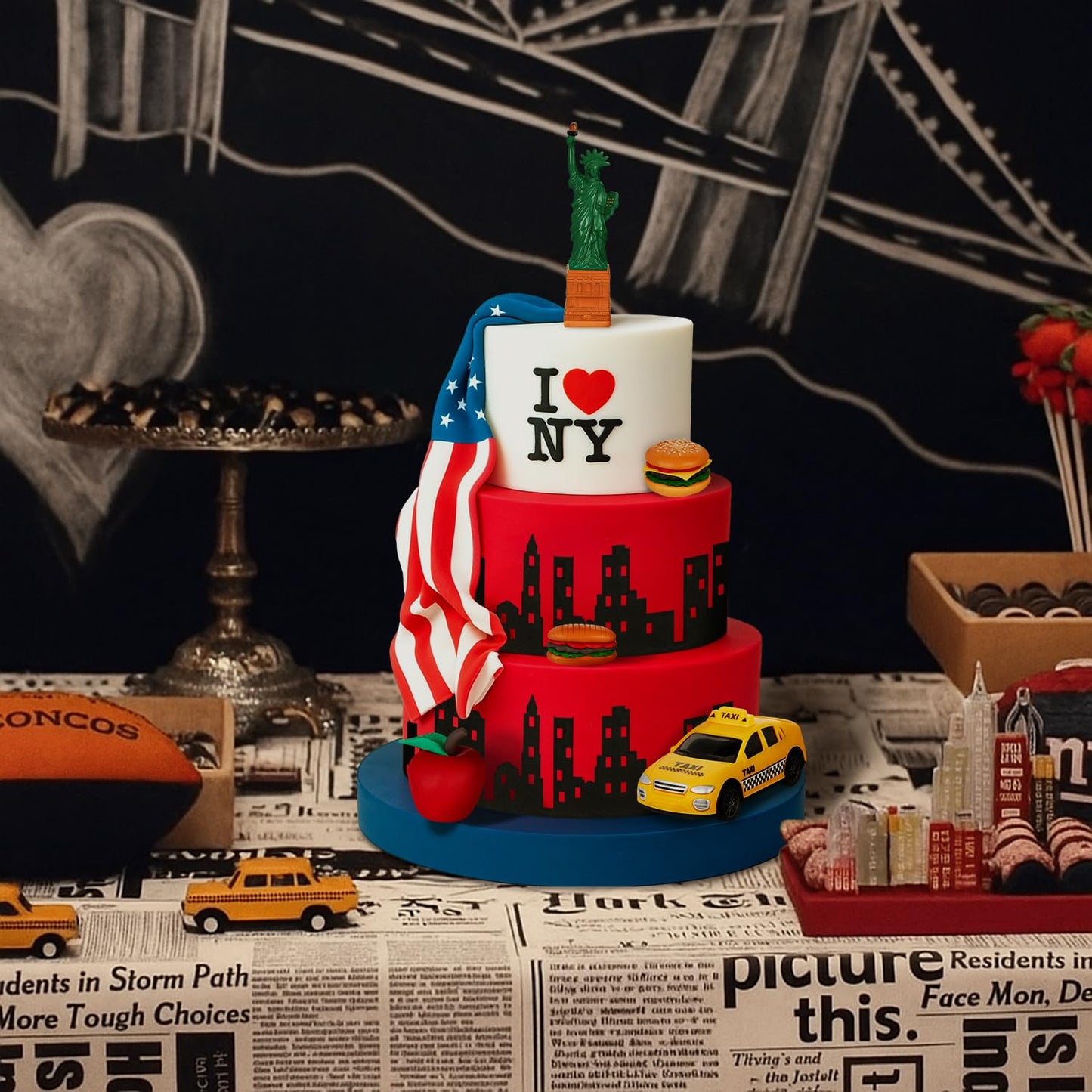 Gemscream 9 Pcs New York Cake Decorations New York Party Decorations Mini Statue of Liberty Yellow Taxi Apple Skyscraper Borders Hot Dogs for American Theme Party Birthday NYC Souvenirs Gift