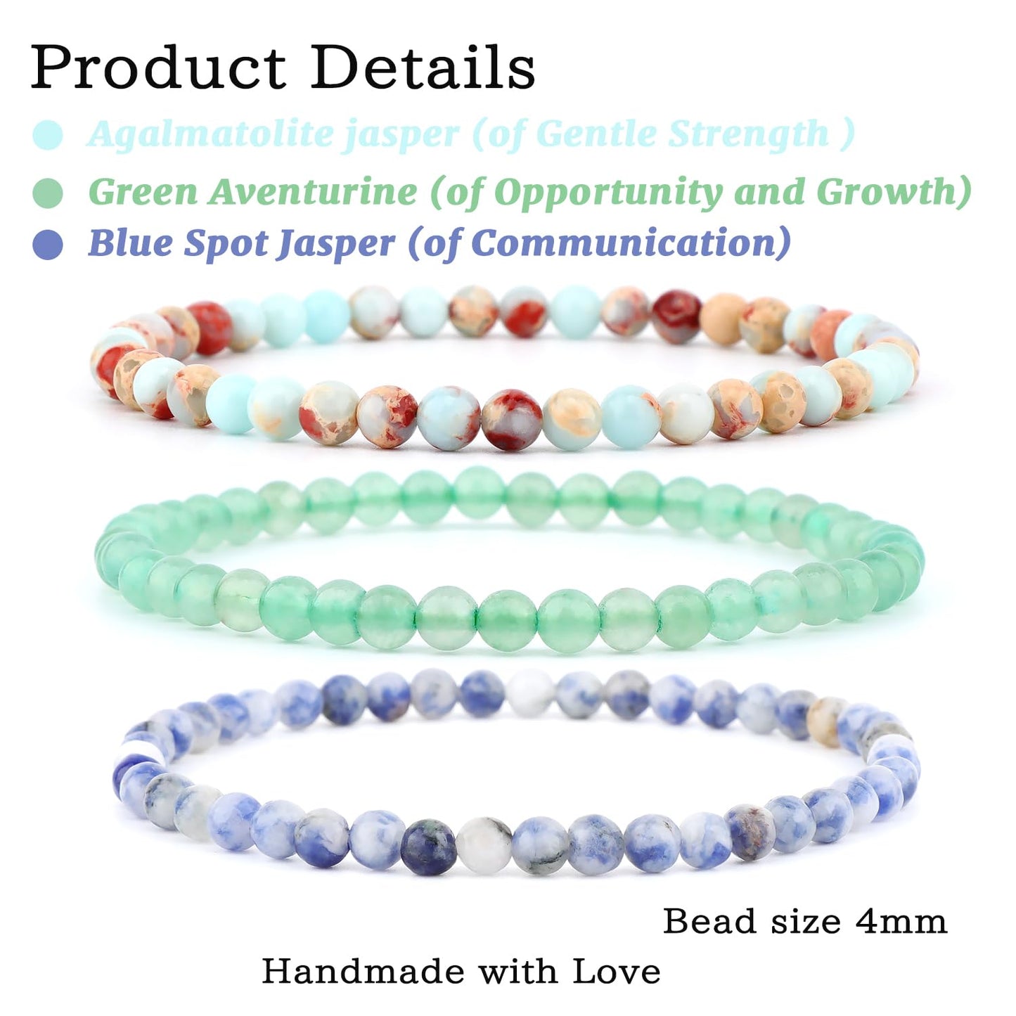 NCB 3-Piece 4mm Natural Crystal Gemstone Stretch Bracelets – ﻿Agalmatolite Jasper, Blue Spot, Green Aventurine Handmade Reiki Energy Healing Jewelry for Meditation,Yoga, Unisex