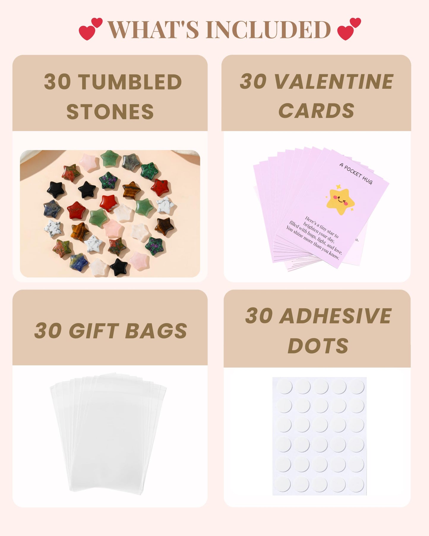 QianCannaor Pocket Hug Cards Bulk Crystal Stone Gift Set - 30Pcs Natural Star-Shaped, Mini Thoughtful Gifts for Friends, Coworkers & Family – Bulk Valentines Day Gifts for Adults, Ladies, College Students, Friends - Thinking of You Anxiety Relief Keepsake