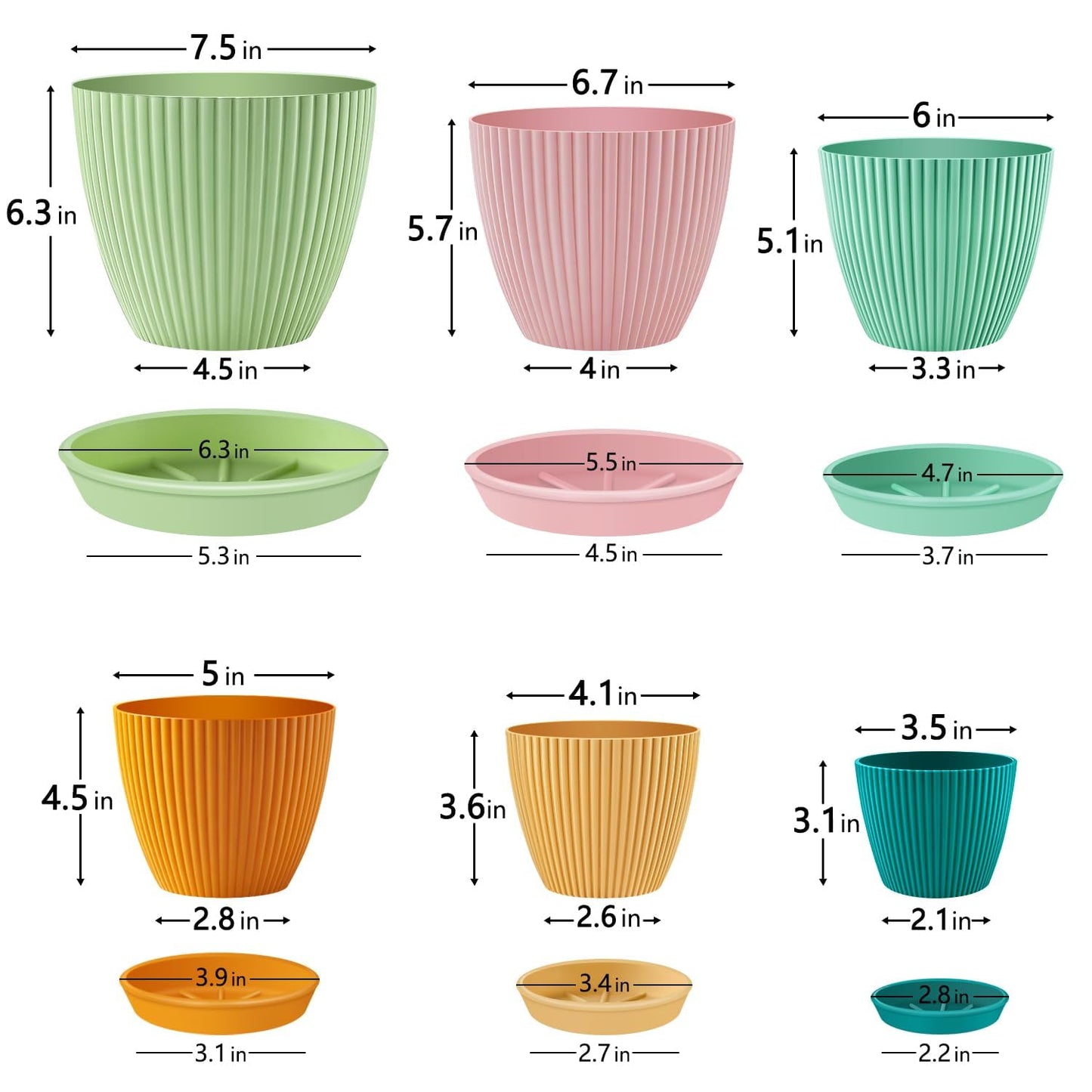 SupKing Plant Pots with Drainage Saucers 7.5/6.7/6/5/4/3.5 Inch Set of 6,Plastic Flower Pots Planters with Multi Mesh Drainage Holes Multicolor Nursery Planting Pot for Indoor Outdoor Garden Plants