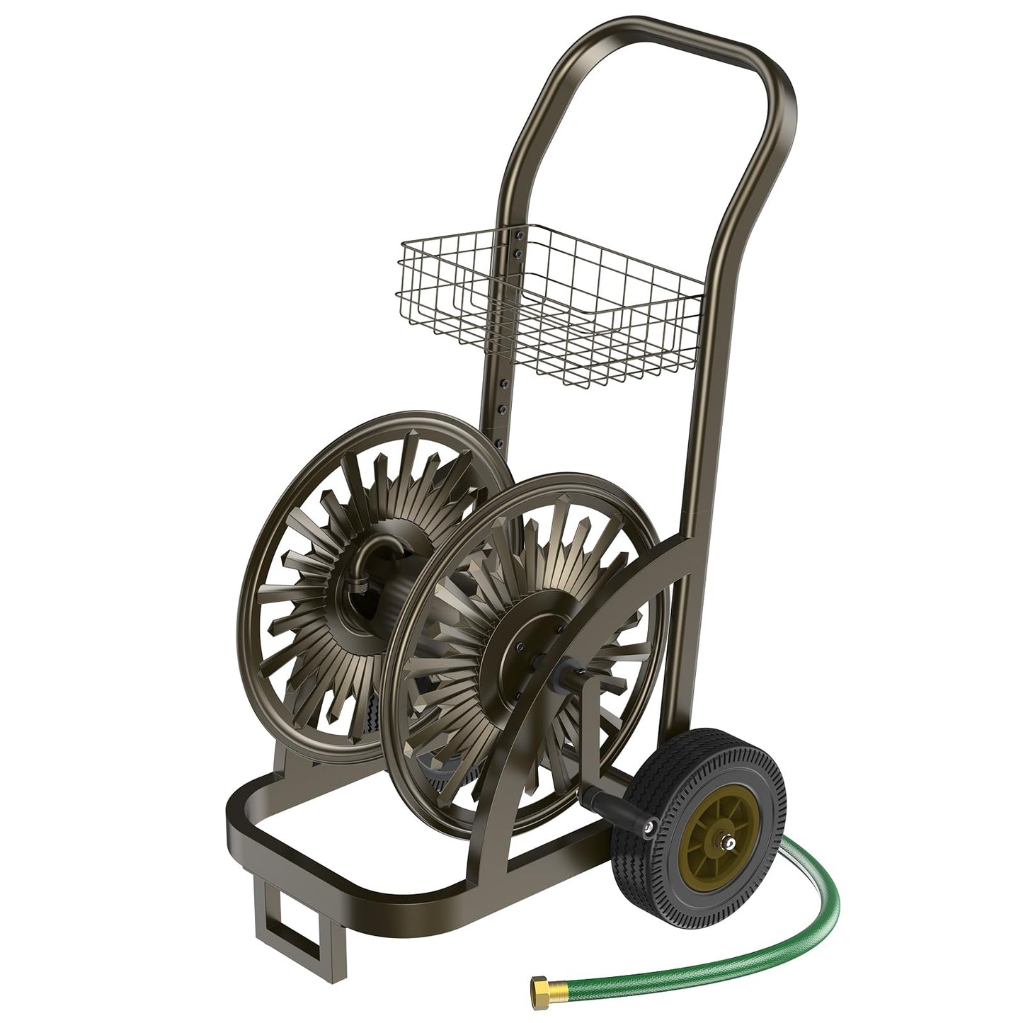 GOFORWILD Heavy Duty Steel Garden Hose Reel Cart with Wheels - Holds 200ft of 5/8 Hose, Storage Basket & Anti-Tip Design - Mobile Water Reel for Lawn, Yard, Garden